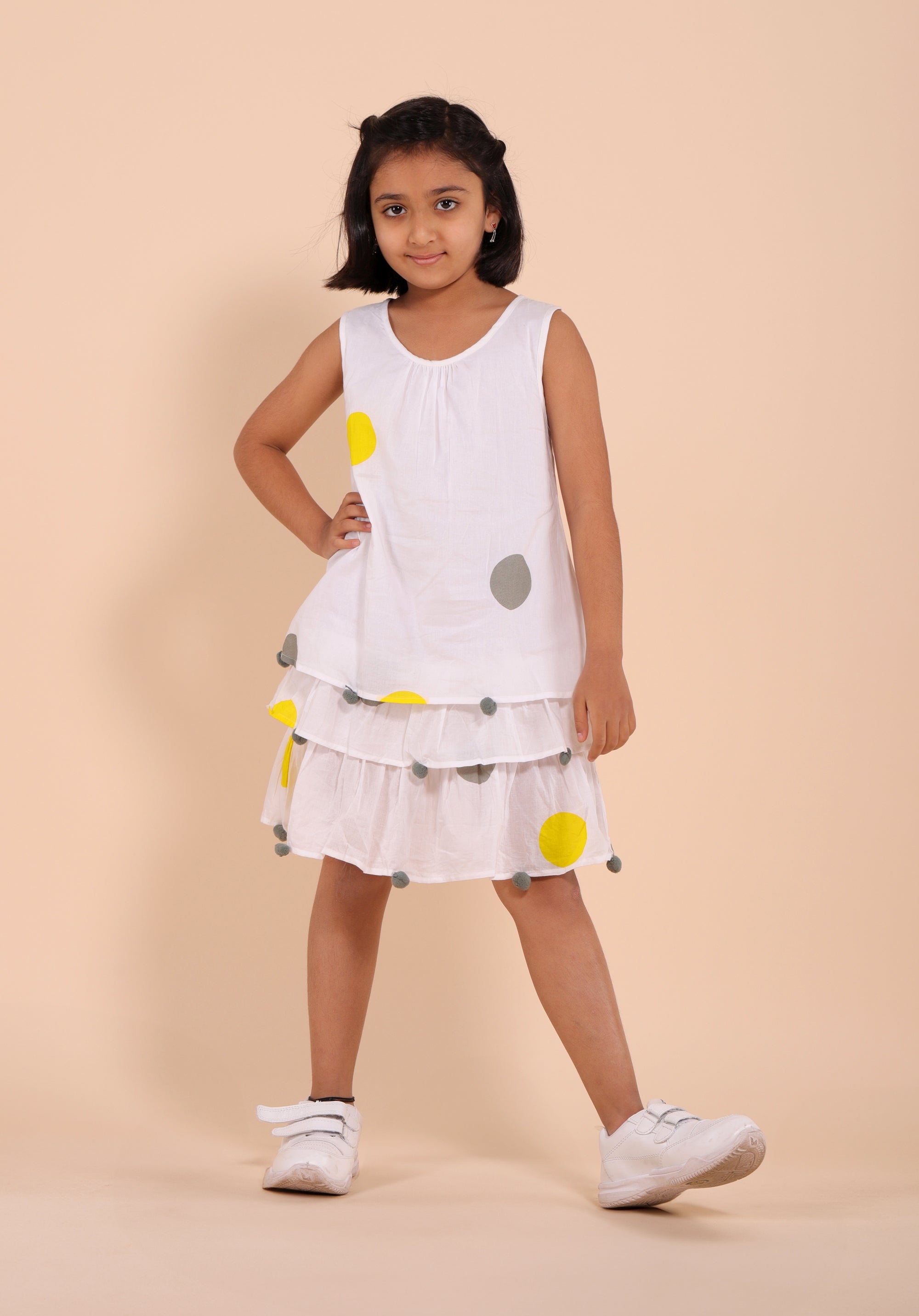 Girls Cotton Polka print Dress Yellow