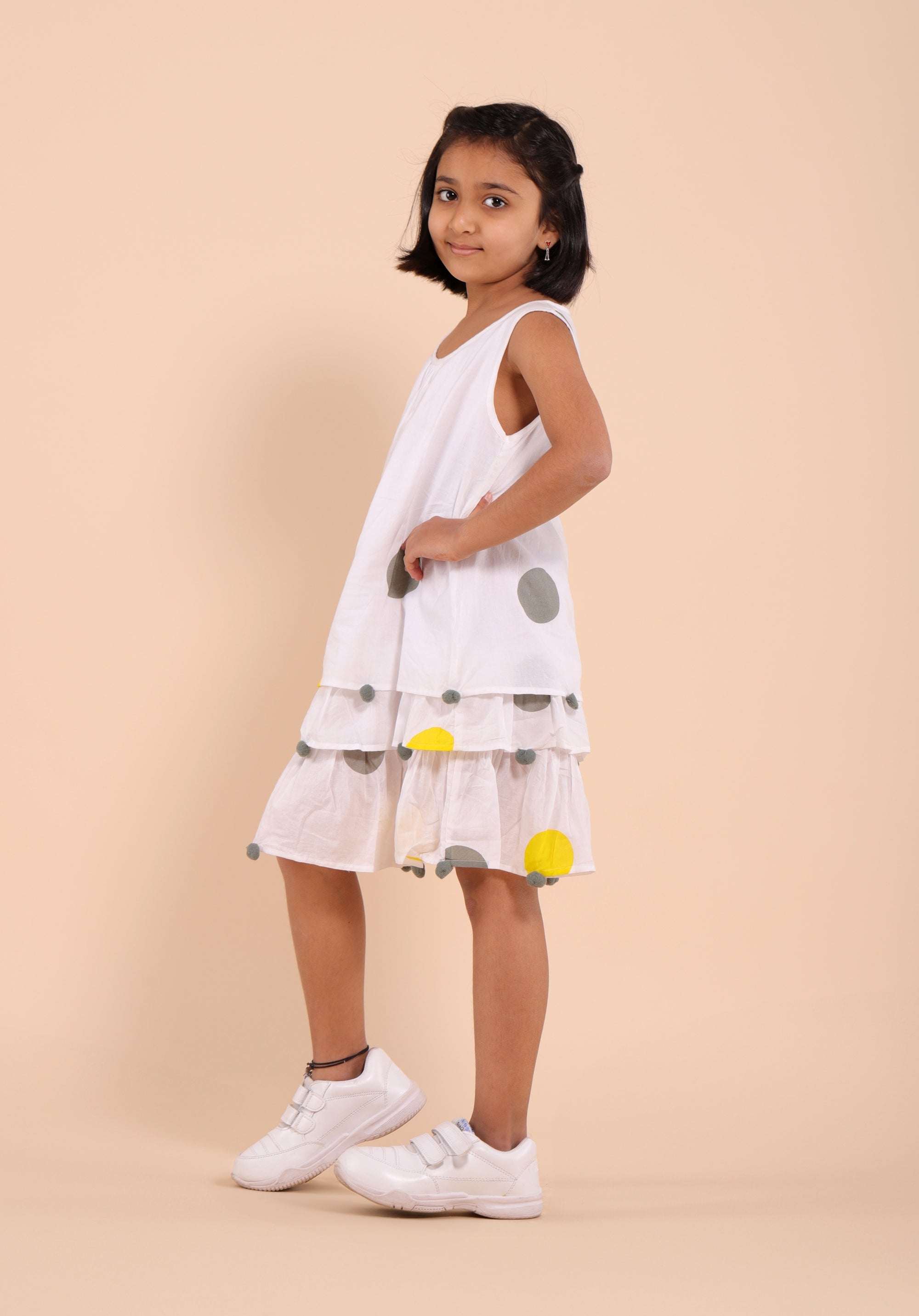 Girls Cotton Polka print Dress Yellow