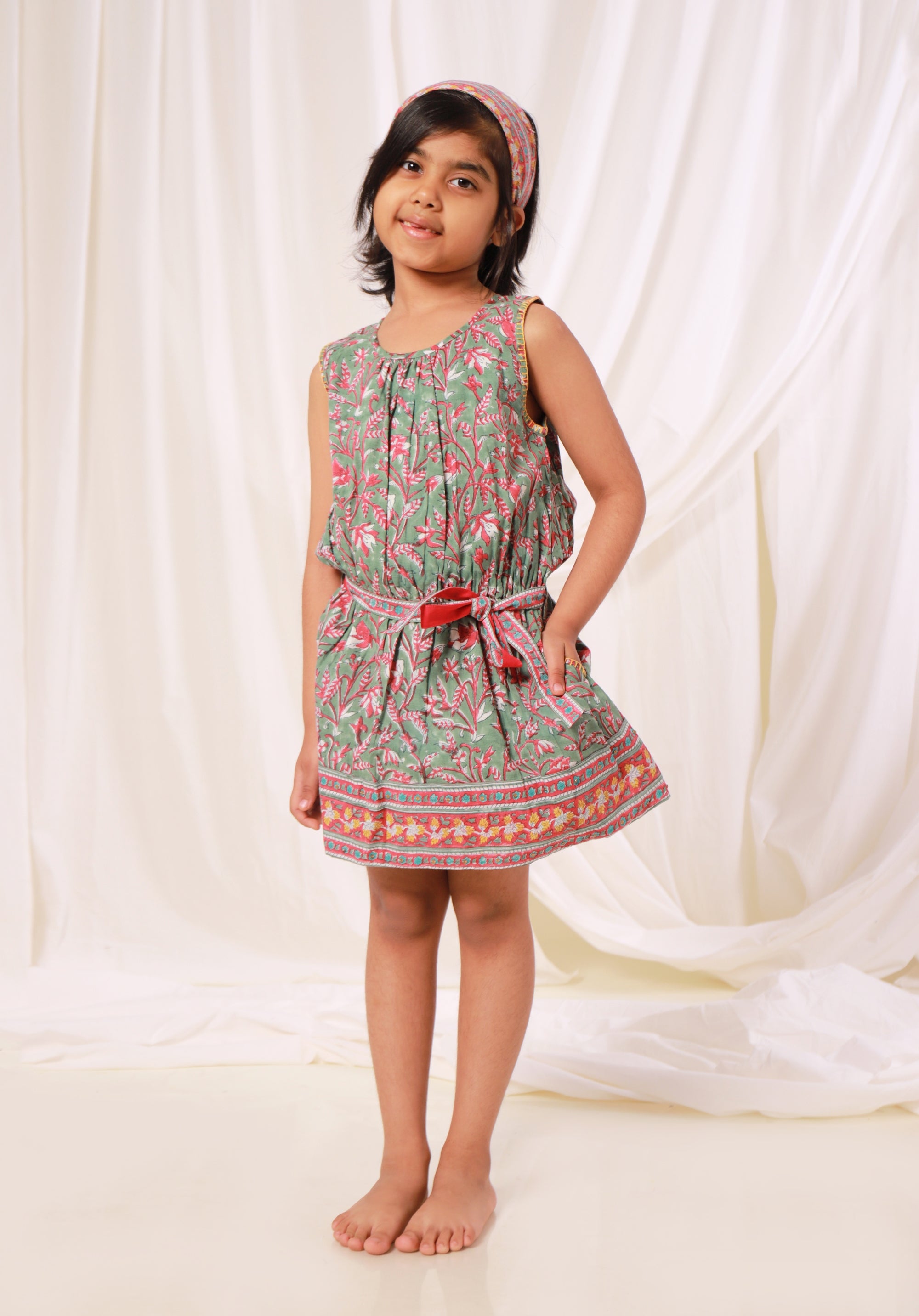 Block printed Girl's Dress Mahira Jaal Green