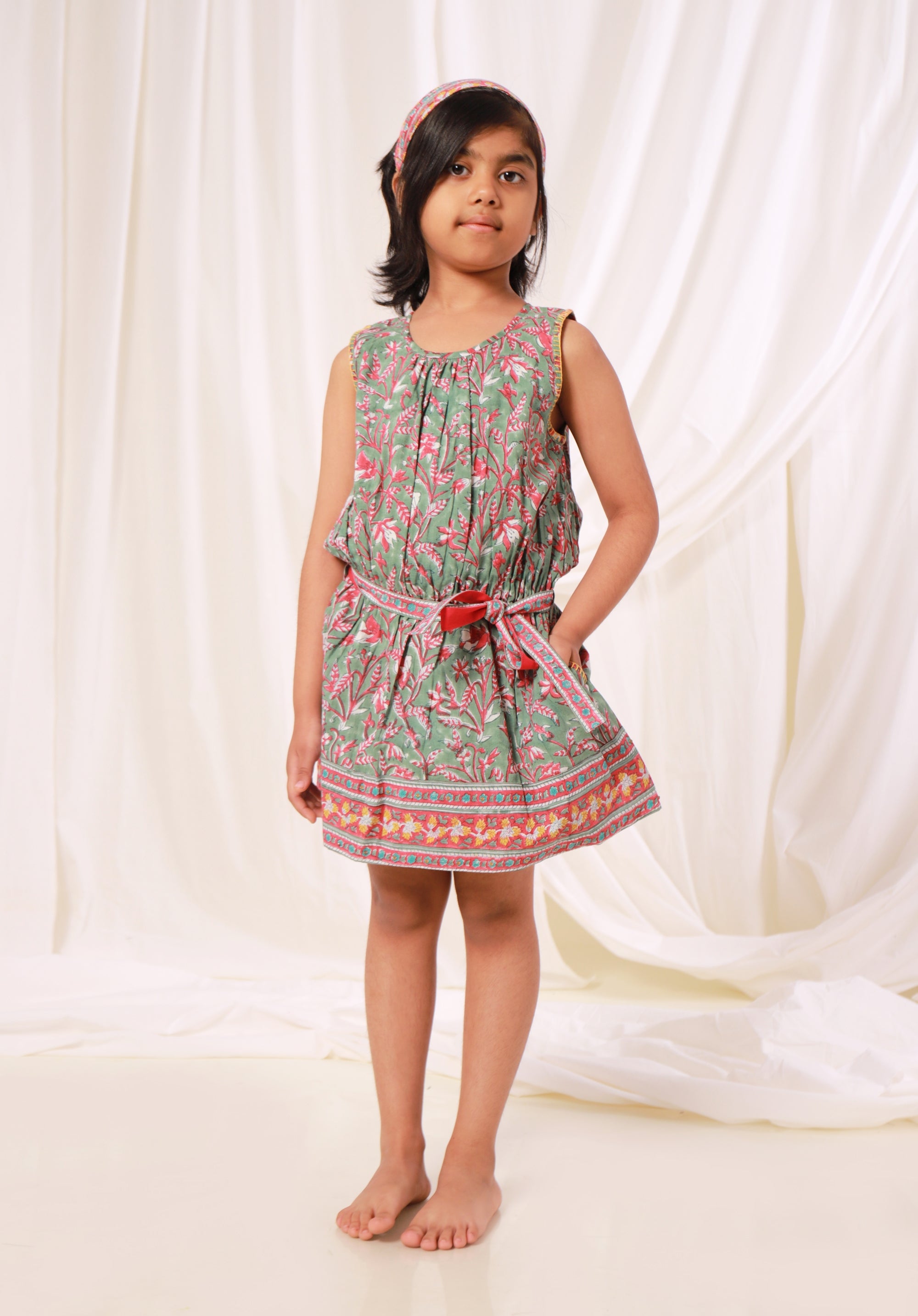 Block printed Girl's Dress Mahira Jaal Green