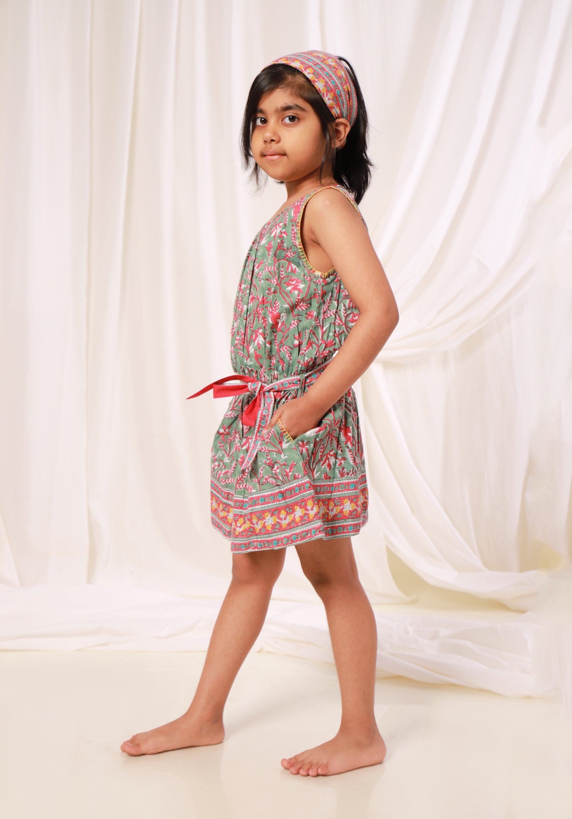 Block printed Girl's Dress Mahira Jaal Green