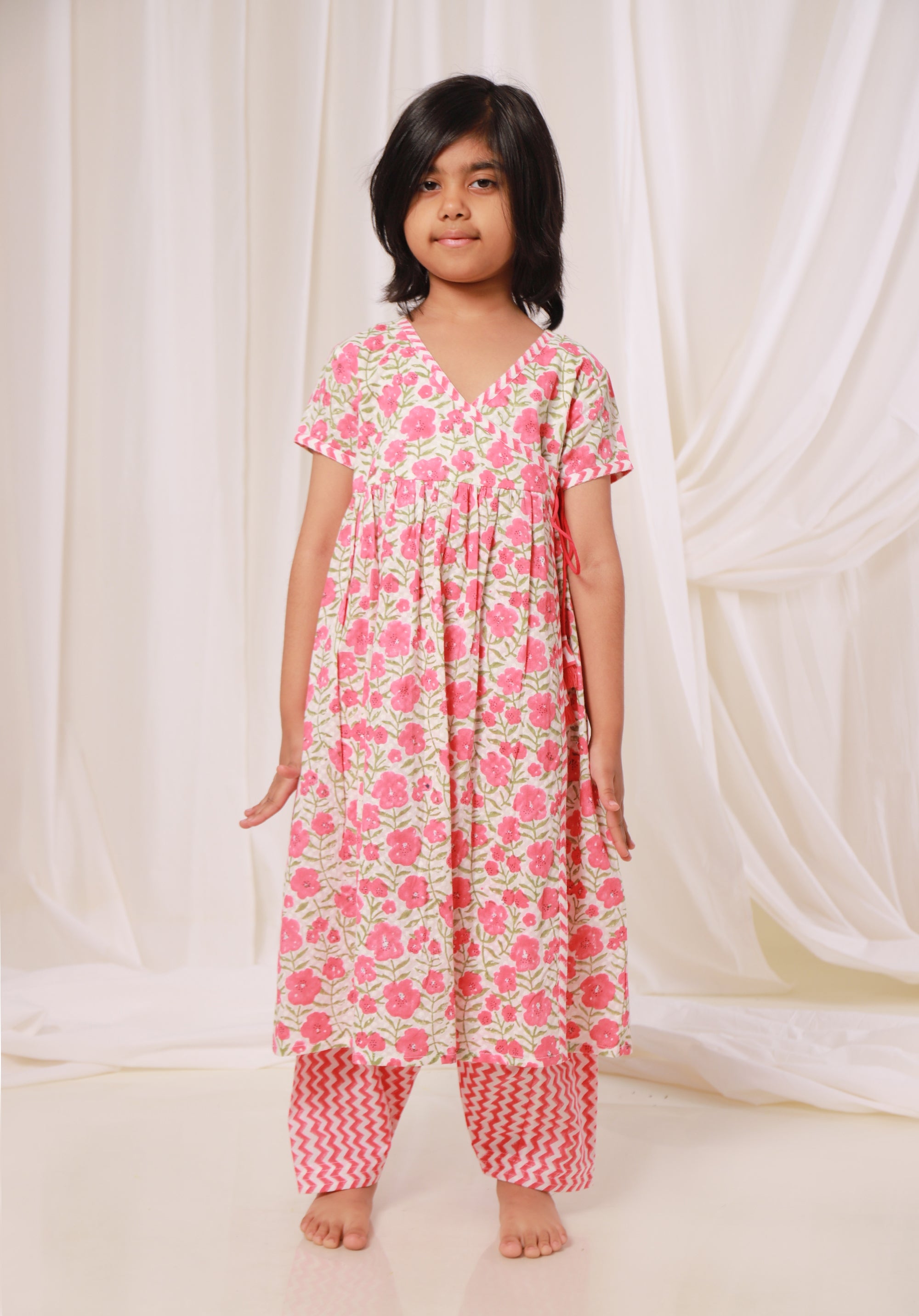 Girls Printed Kurta Set Floral Red