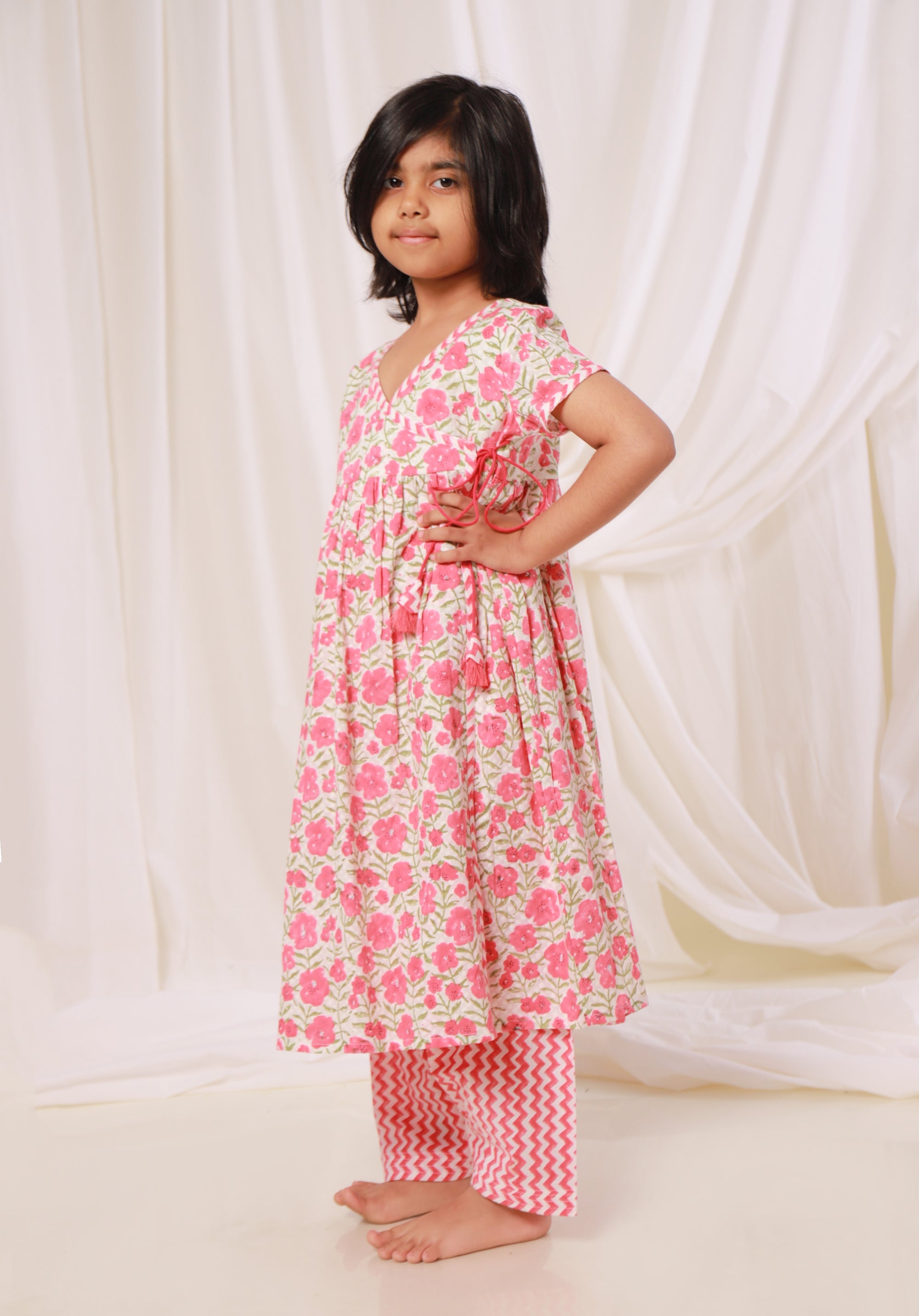 Girls Printed Kurta Set Floral Red