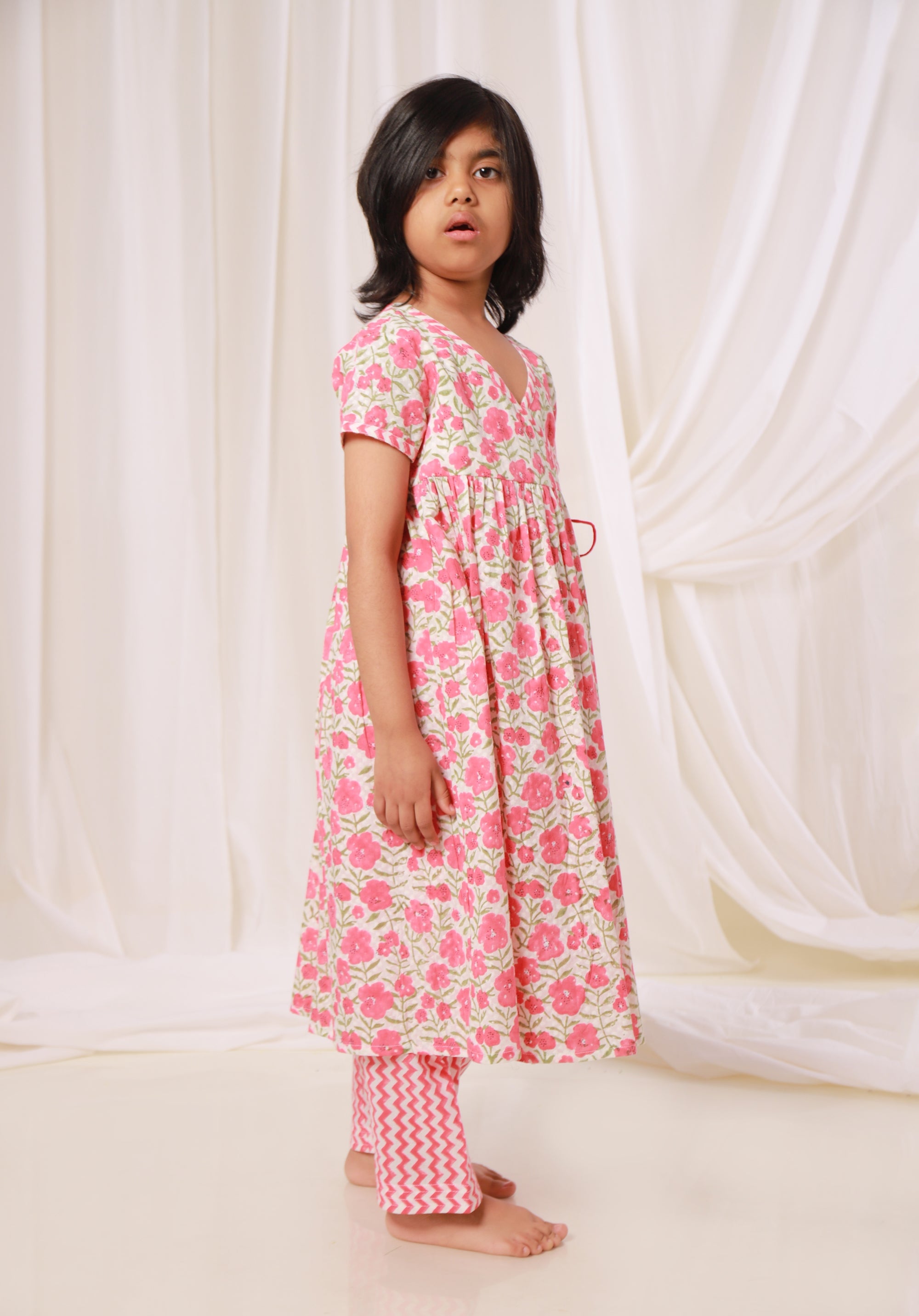 Girls Printed Kurta Set Floral Red