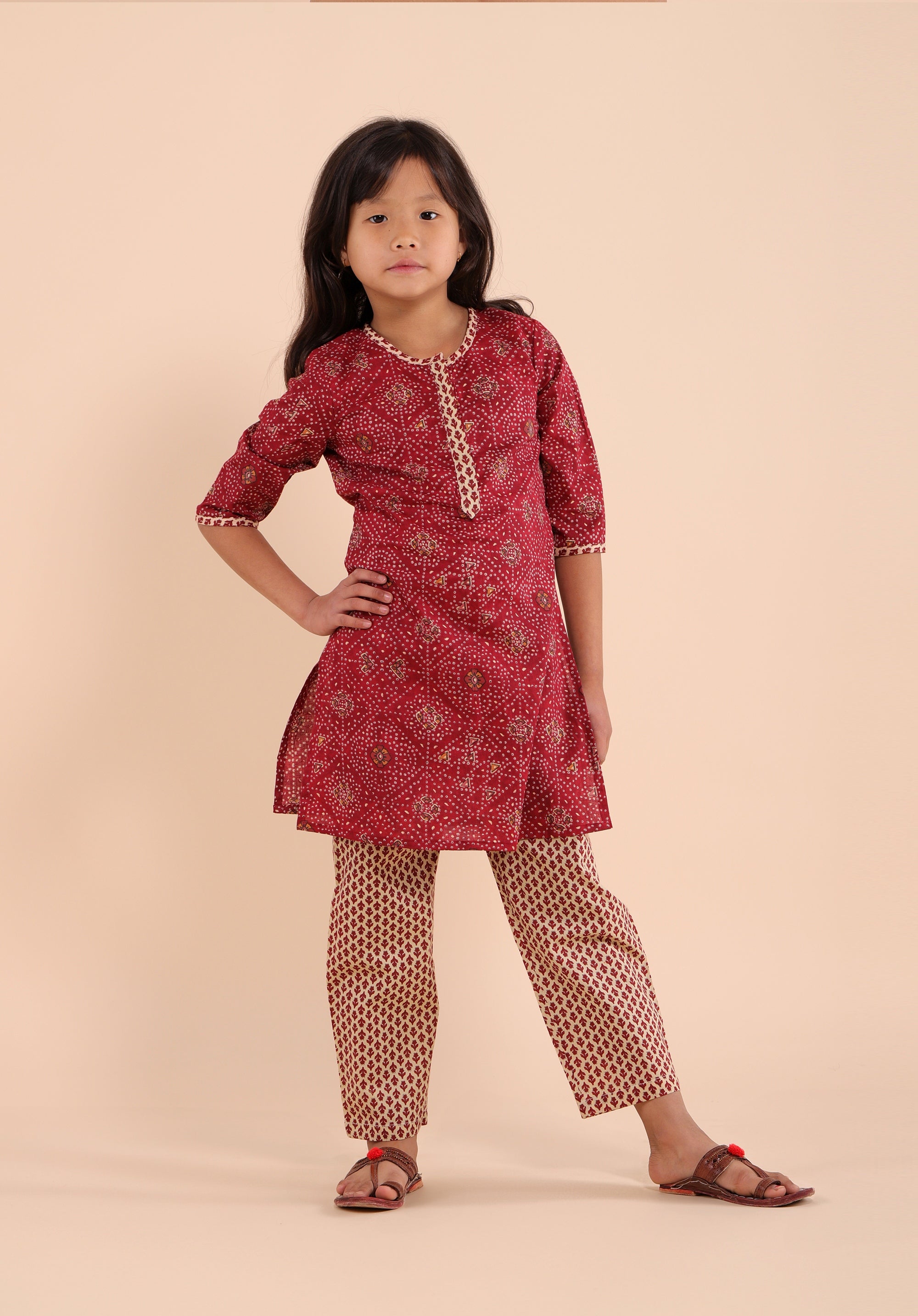 Girls Printed Kurta Set Maroon Beige