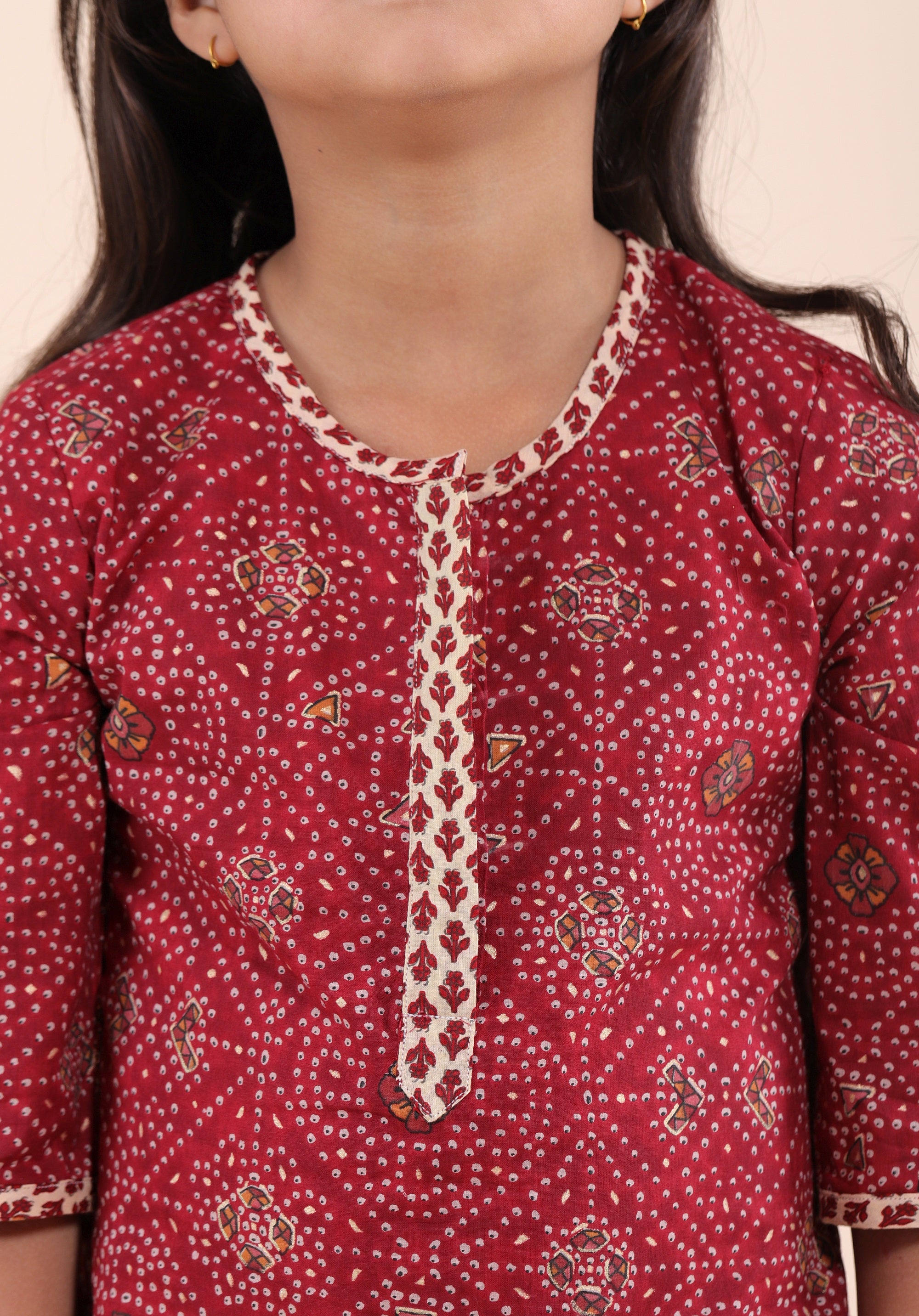 Girls Printed Kurta Set Maroon Beige