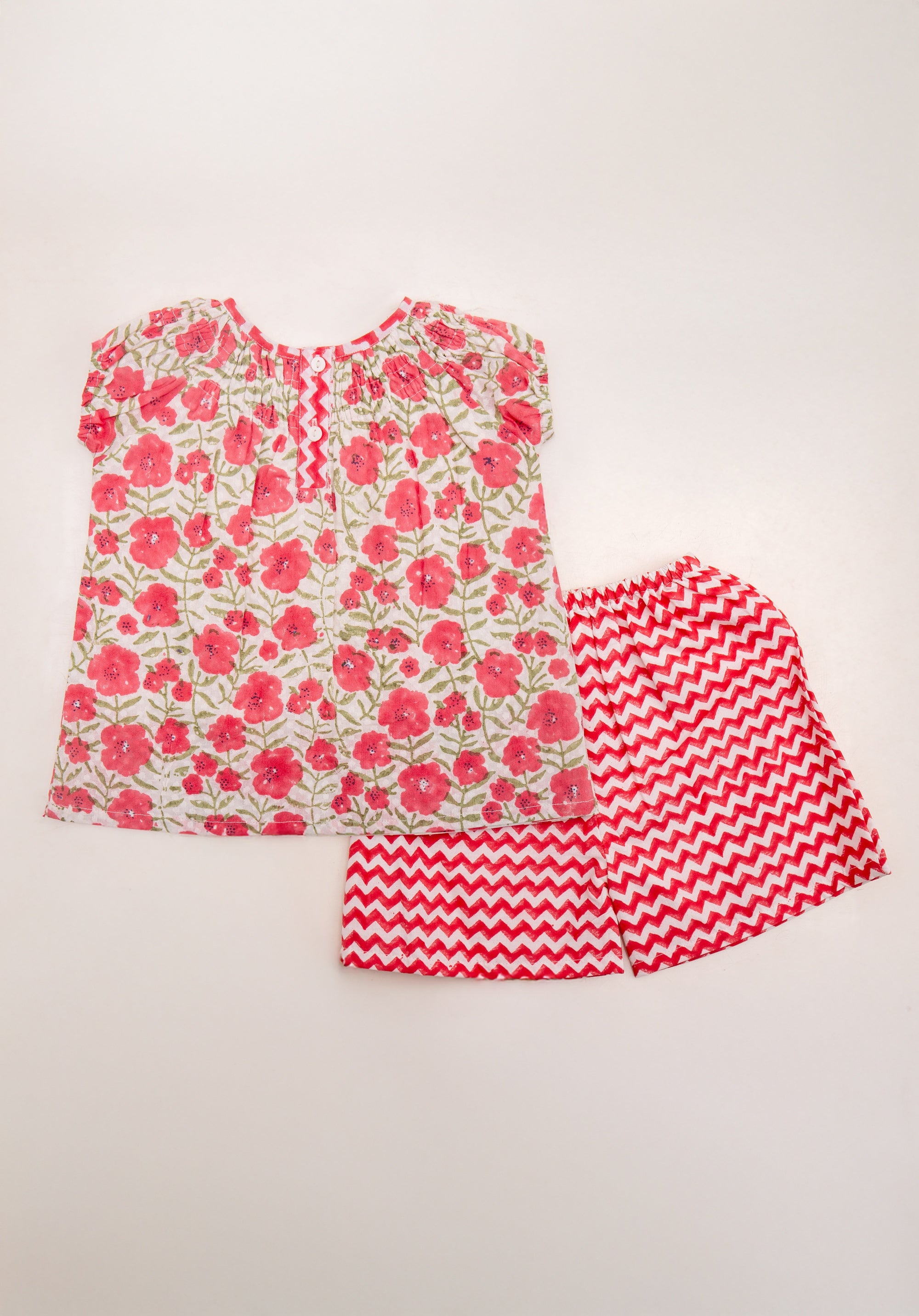 Block Printed Baby Clothing Set Floral red