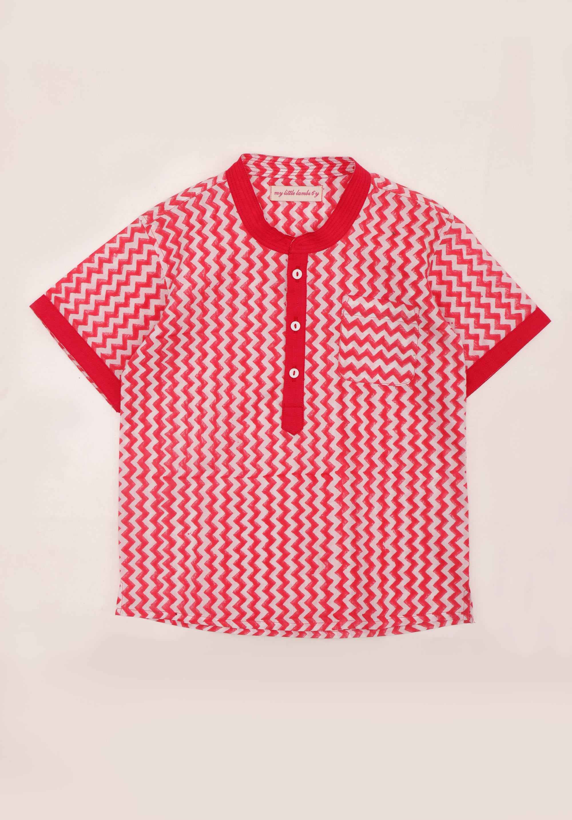 Block printed boy's shirt Yogi zigzag Red