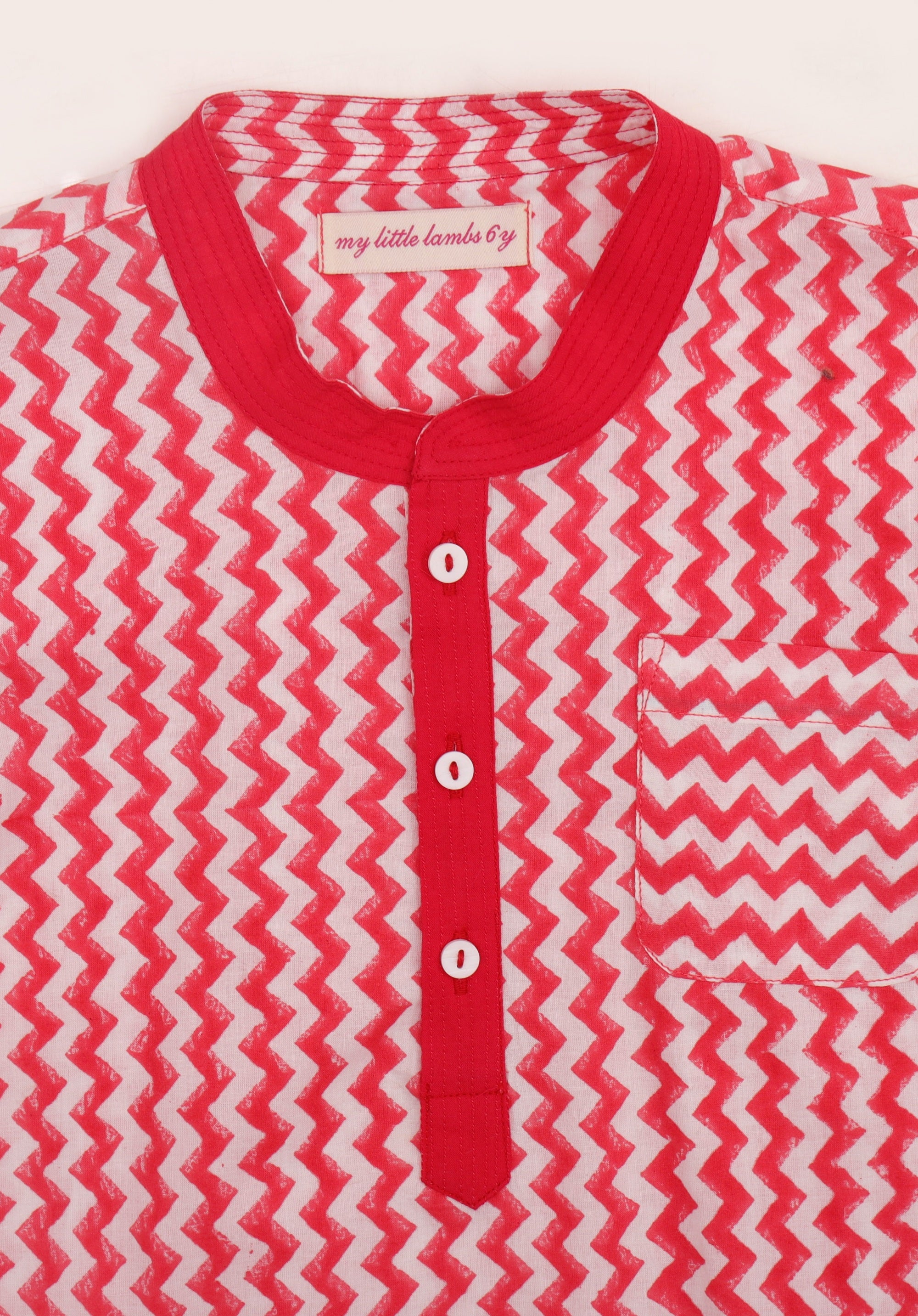 Block printed boy's shirt Yogi zigzag pink