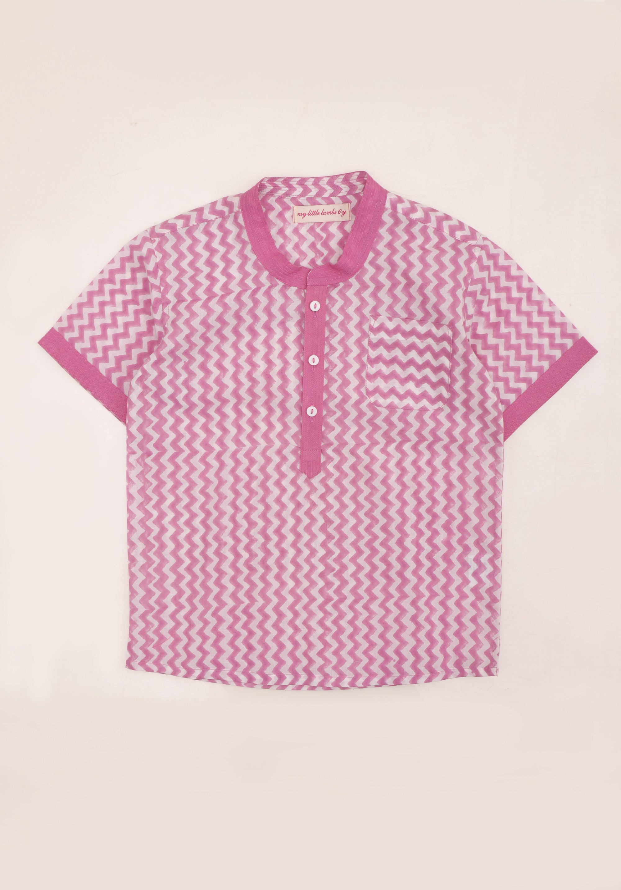 Block printed boy's shirt Yogi zigzag pink