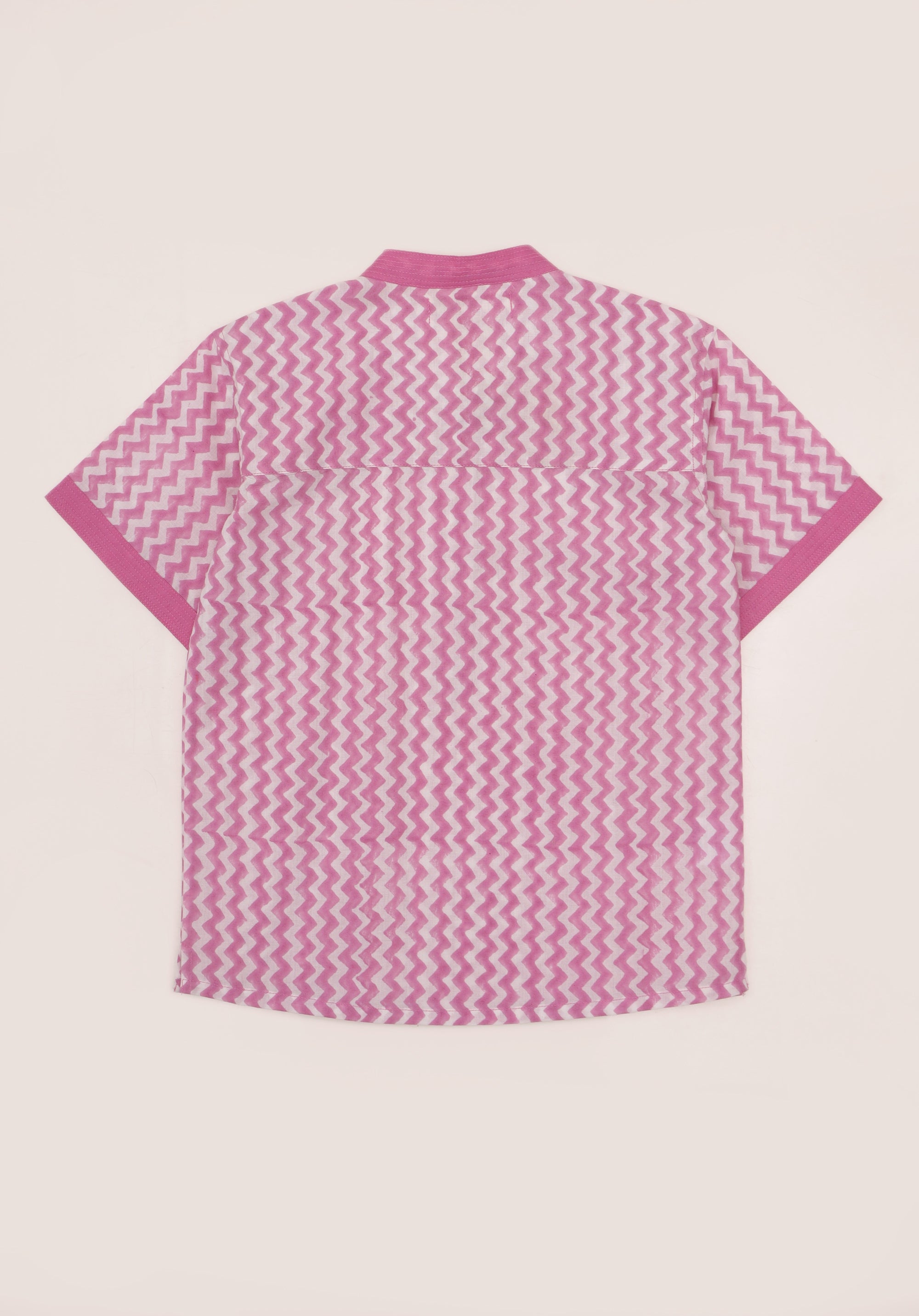 Block printed boy's shirt Yogi zigzag pink