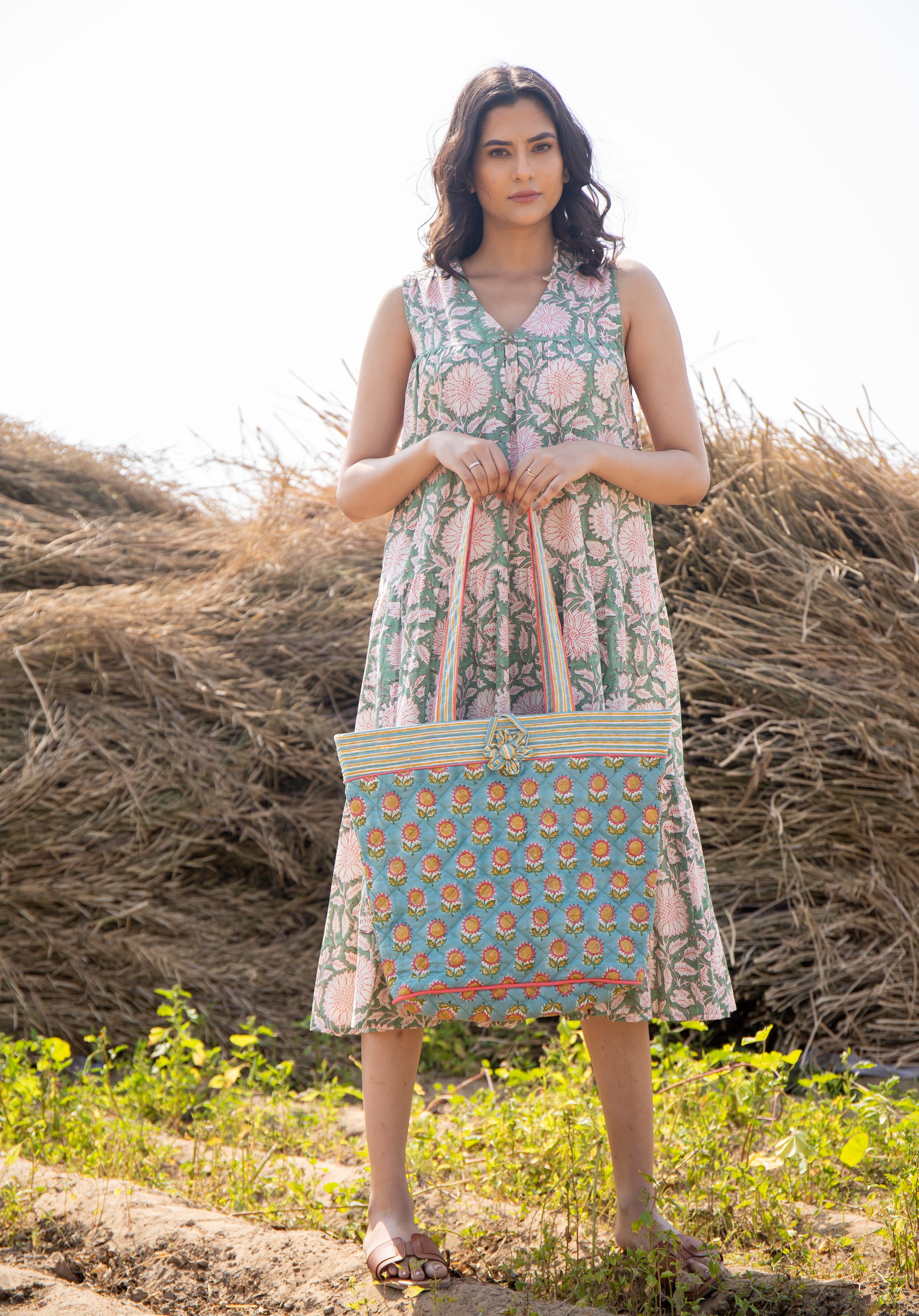 Block printed Tote Bag Sunflower Blue