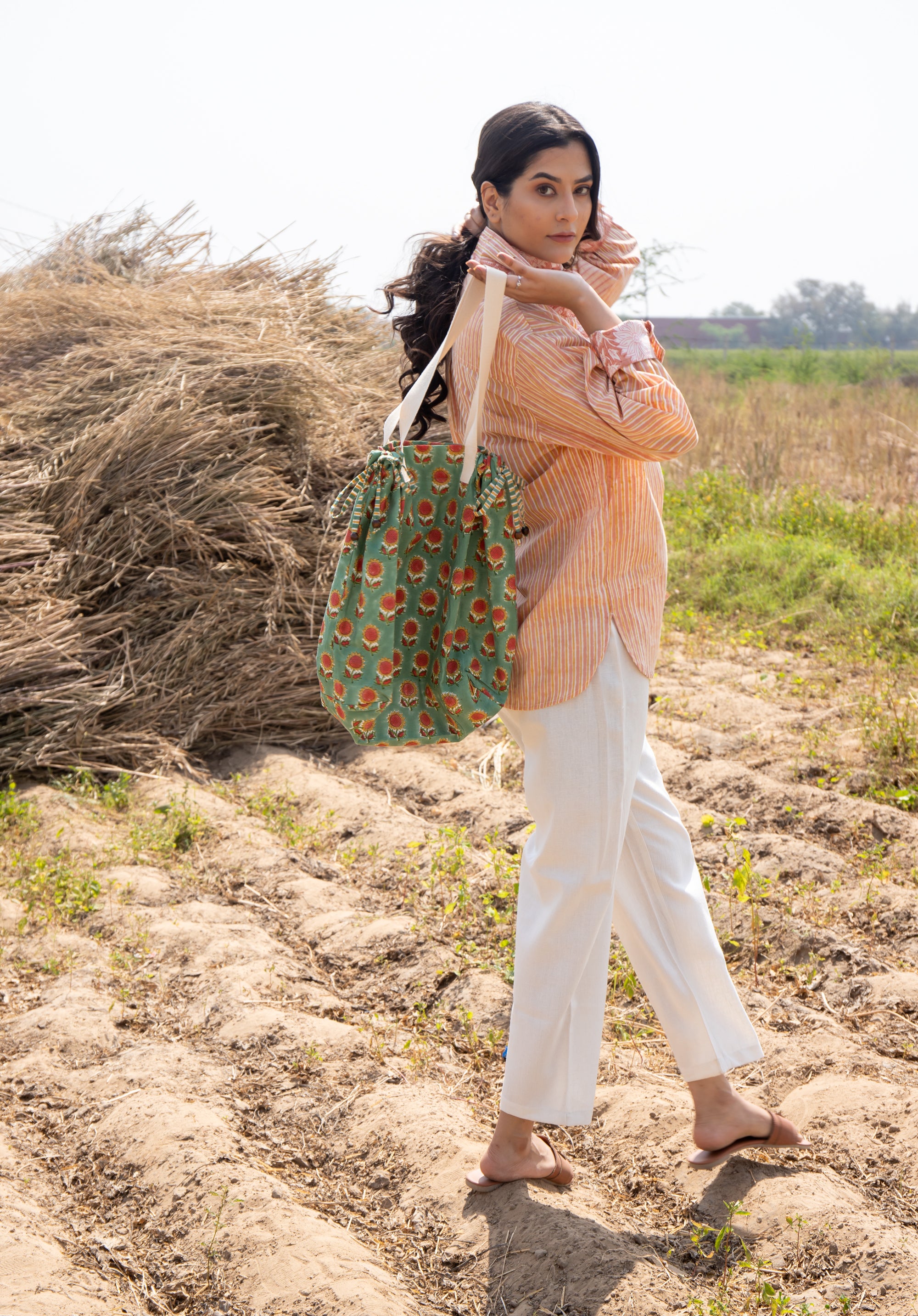 Block printed Jhola Bag Sunflower Green