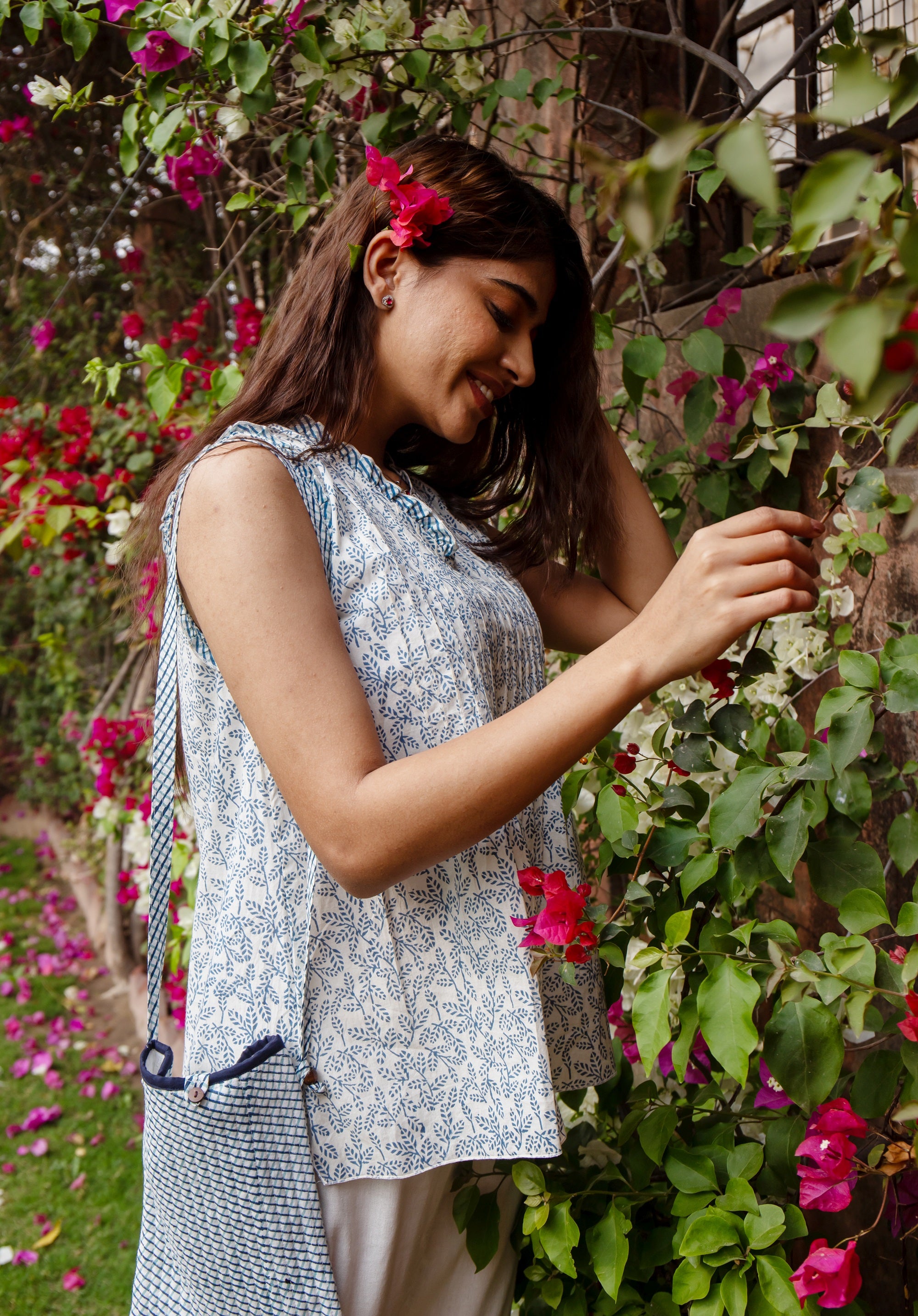 Women Block printed Rama Blouson Top June Blue