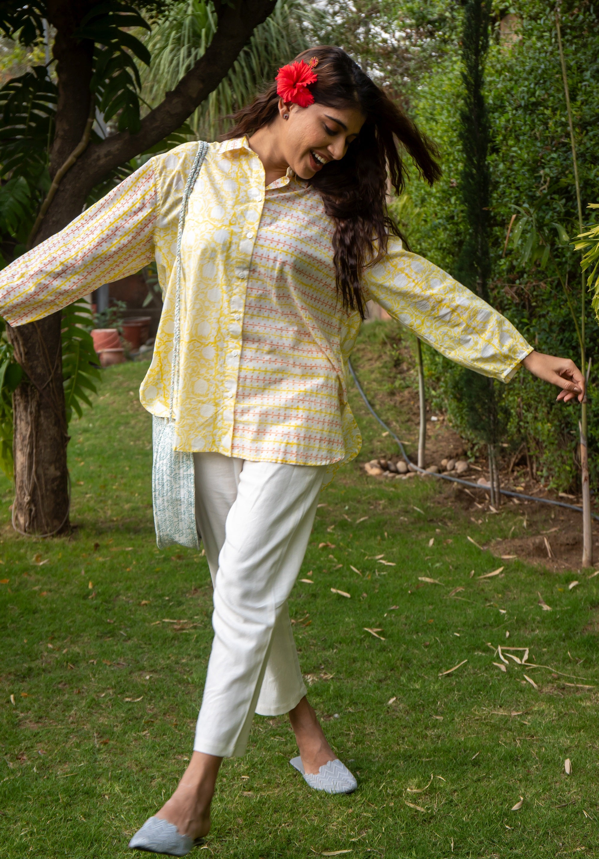 Women Block printed Piyu Oversized shirt Lily Yellow