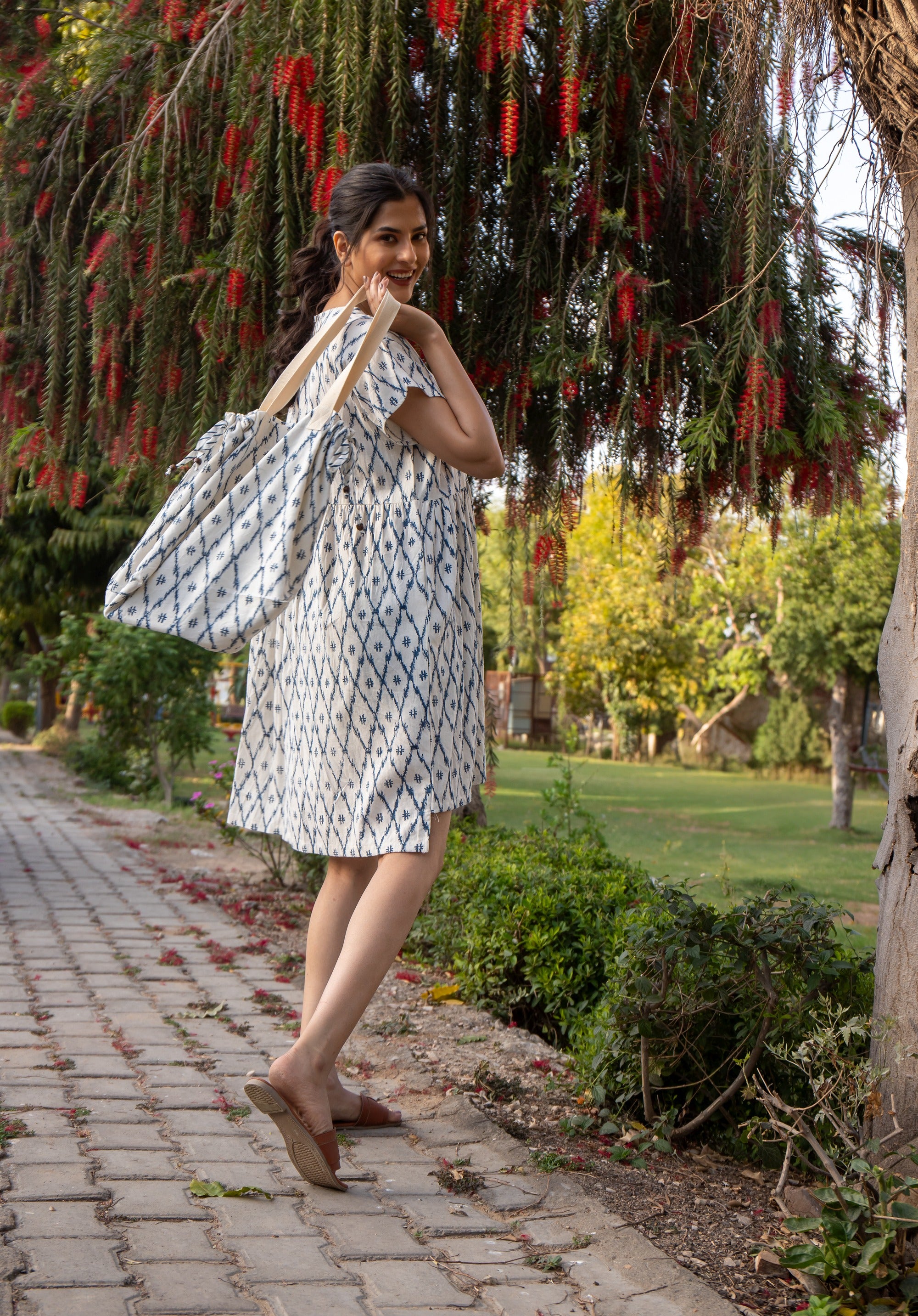 Block printed Jhola Bag Ikkat Linen Blue