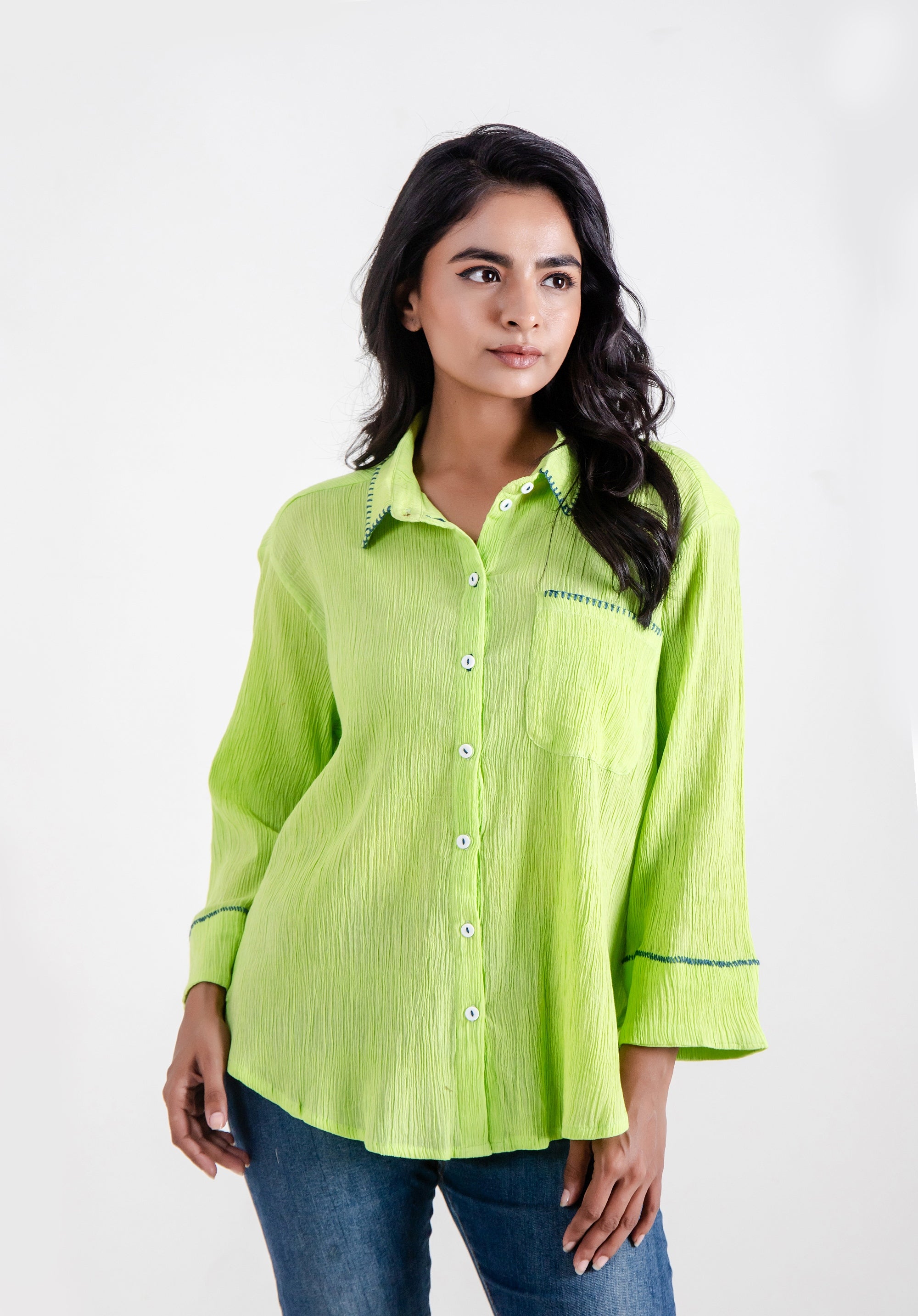 Women Block printed Piyu Oversized shirt Lime