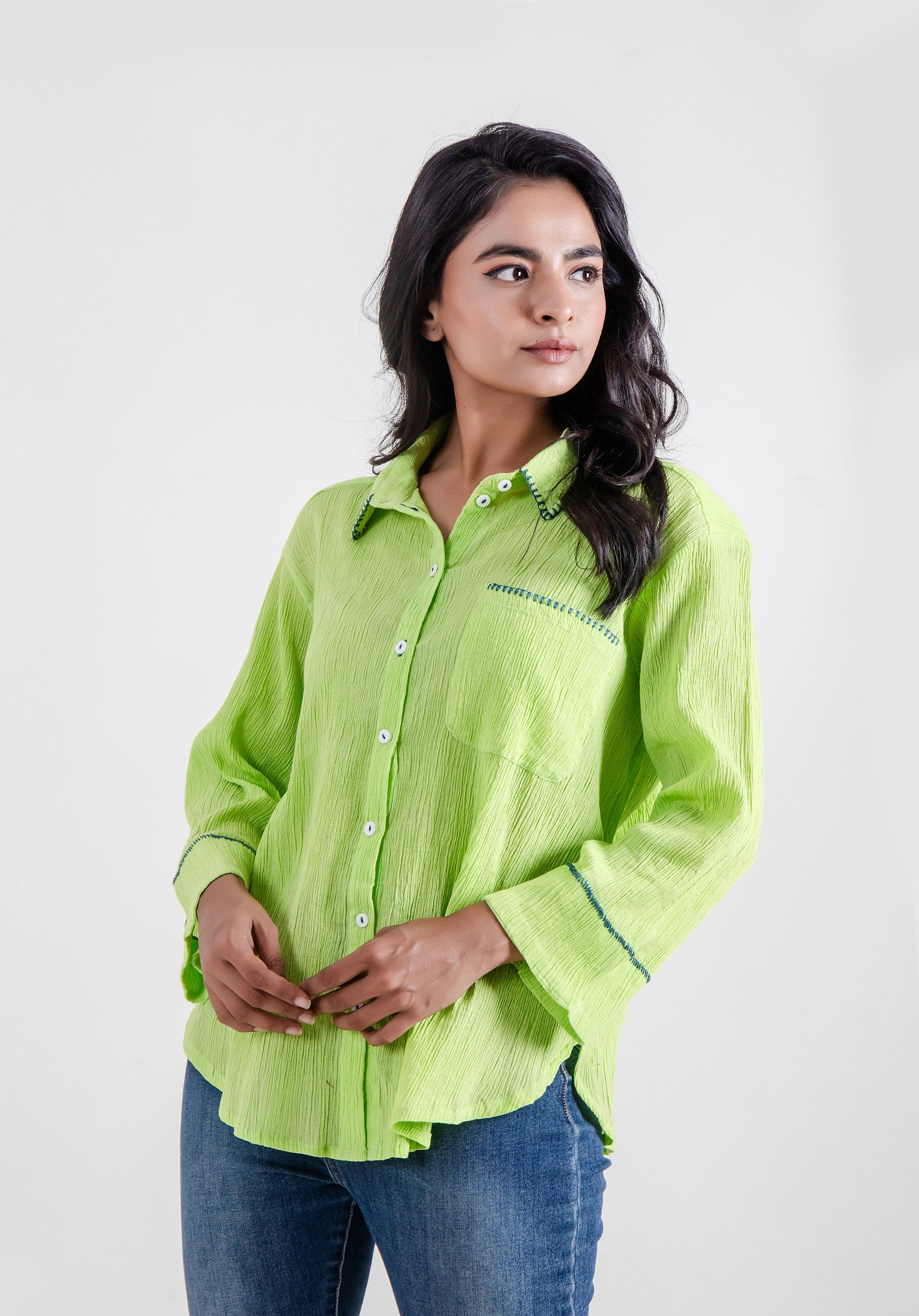 Women Block printed Piyu Oversized shirt Lime