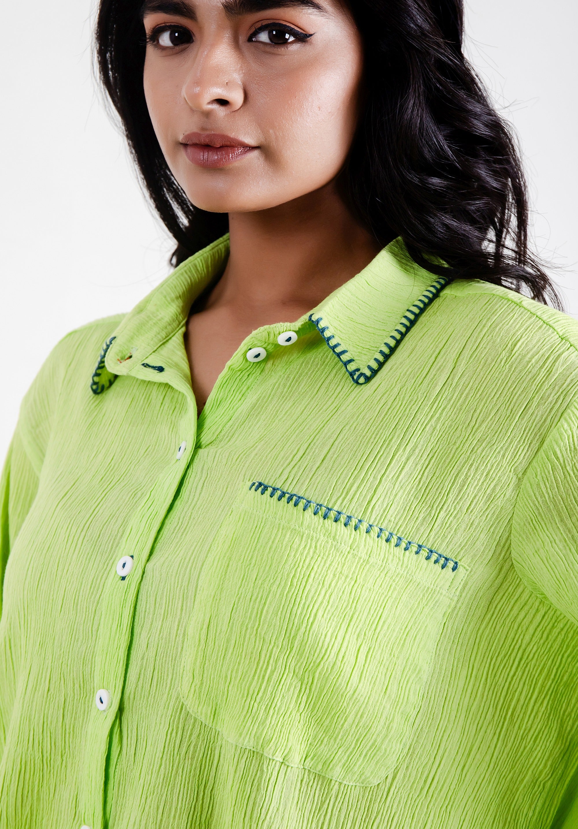 Women Block printed Piyu Oversized shirt Lime