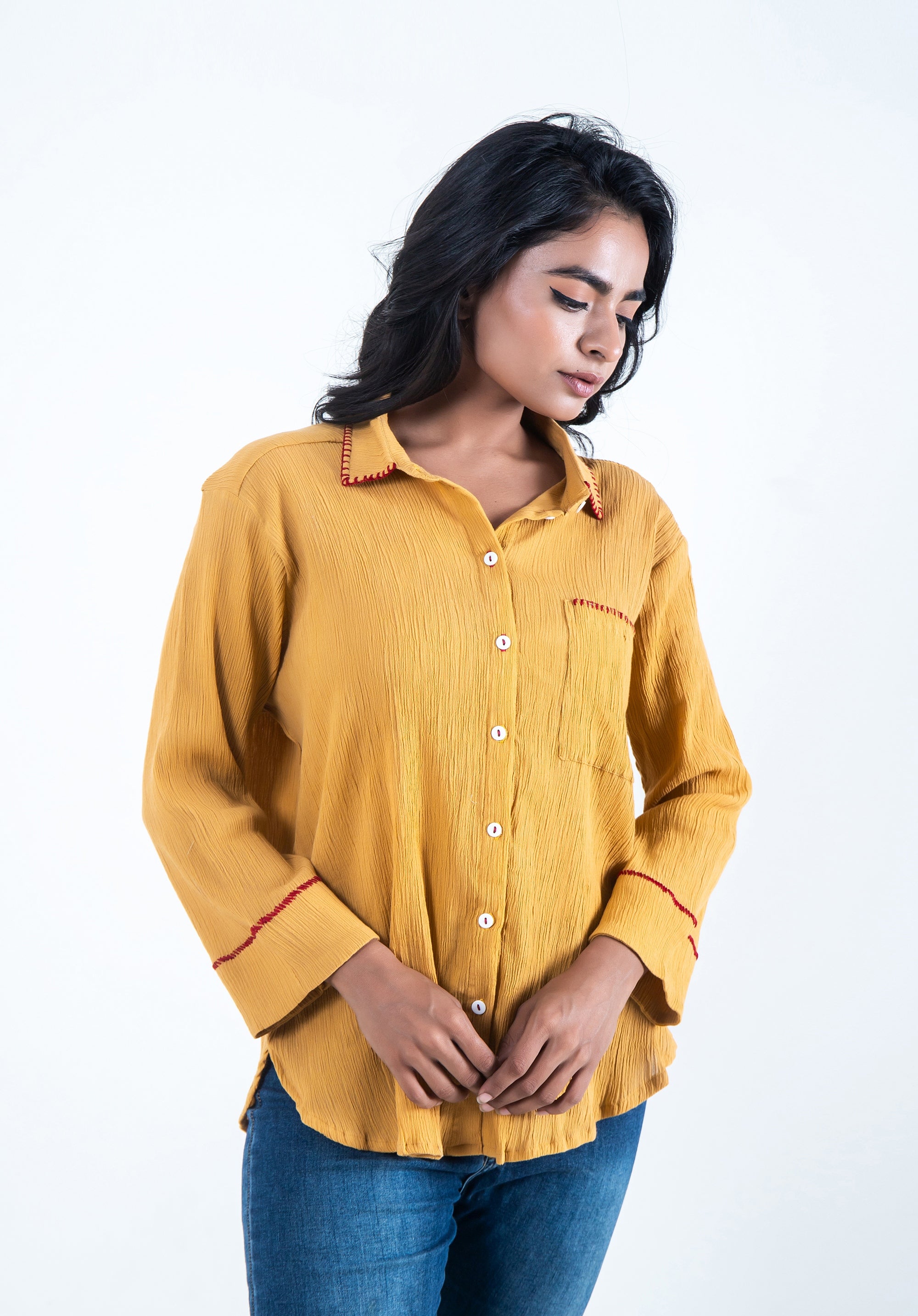 Women Block printed Piyu Oversized shirt Mustard