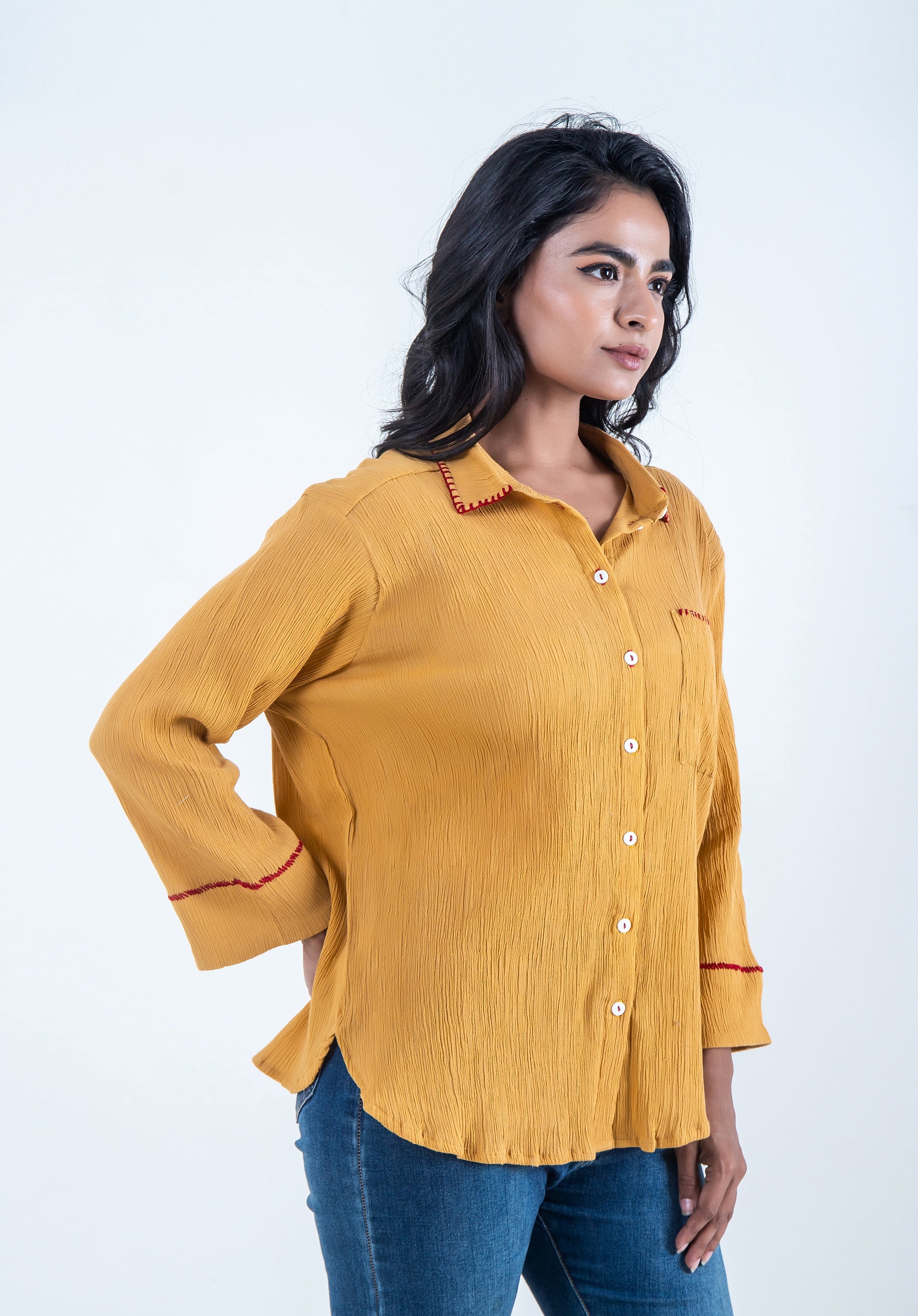 Women Block printed Piyu Oversized shirt Mustard