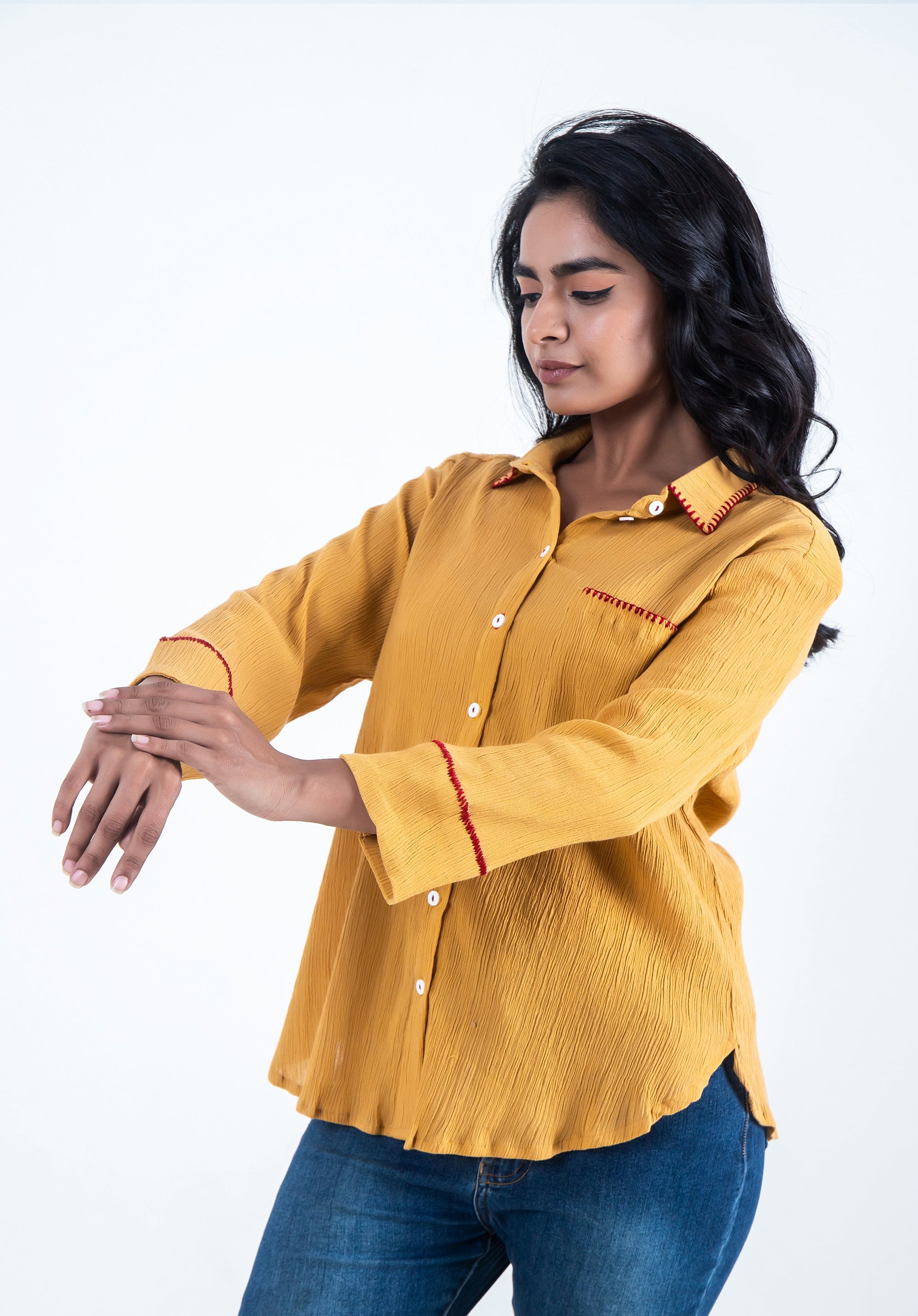 Women Block printed Piyu Oversized shirt Mustard