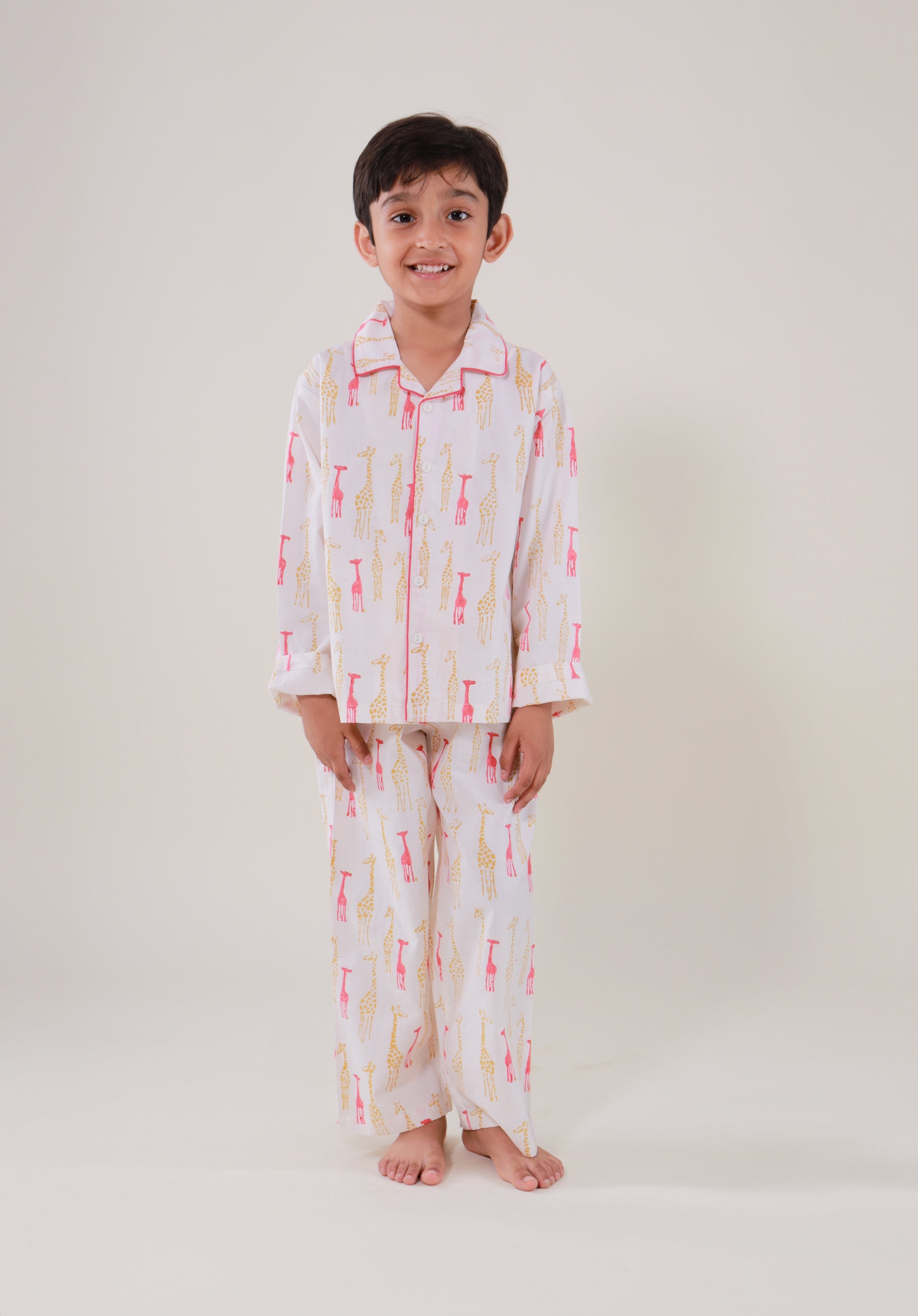 Block Printed Unisex Nightsuit set Giraffe Red