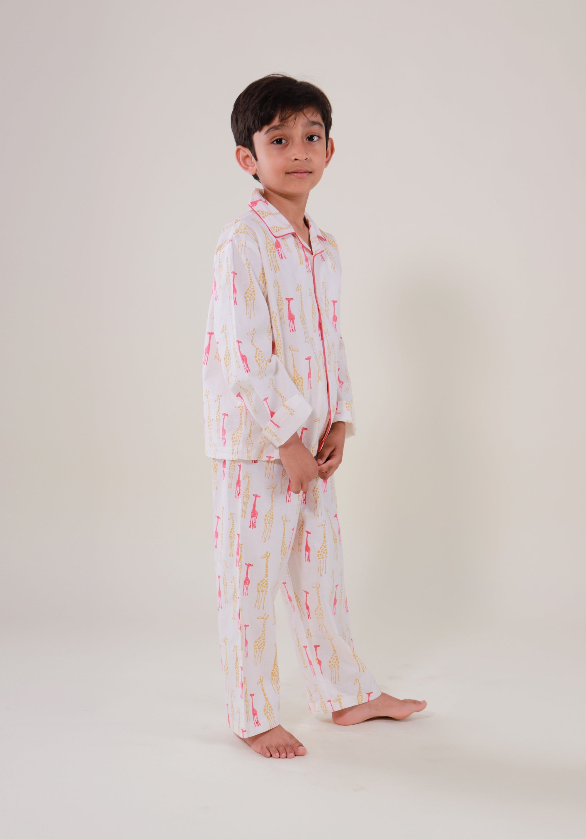 Block Printed Unisex Nightsuit set Giraffe Red