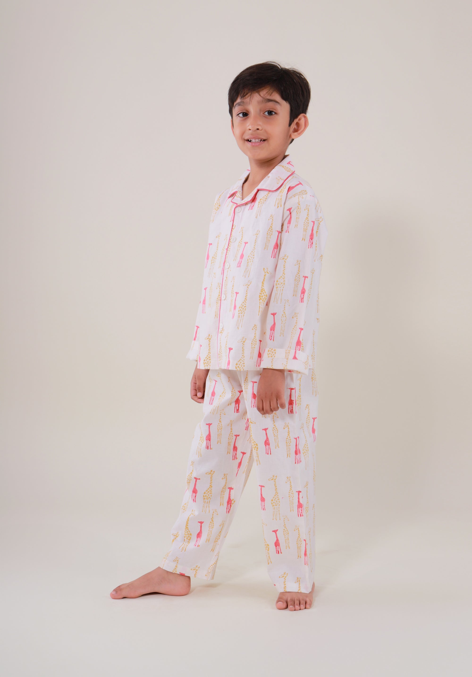 Block Printed Unisex Nightsuit set Giraffe Red