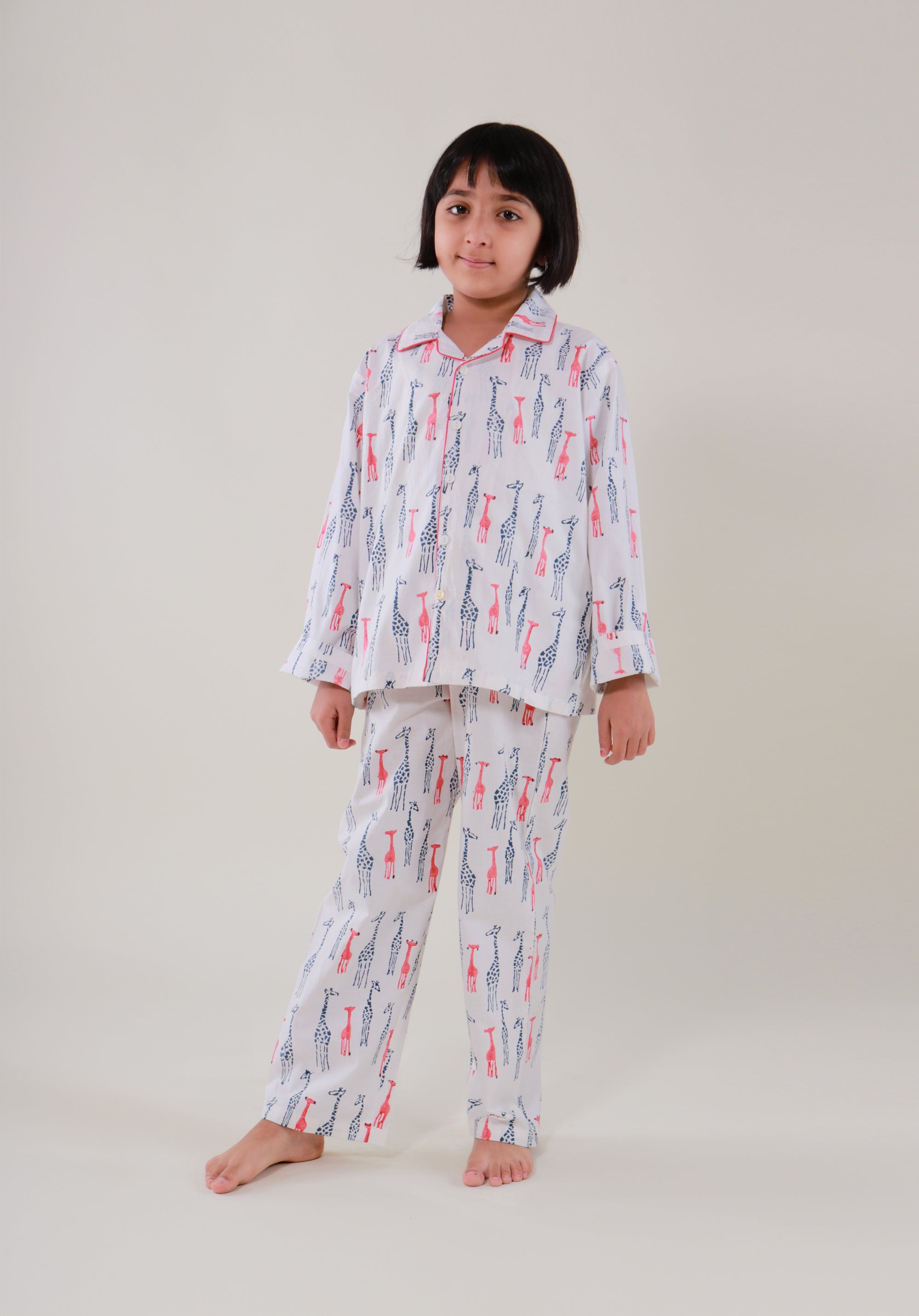 Block Printed Unisex Nightsuit set Giraffe Blue