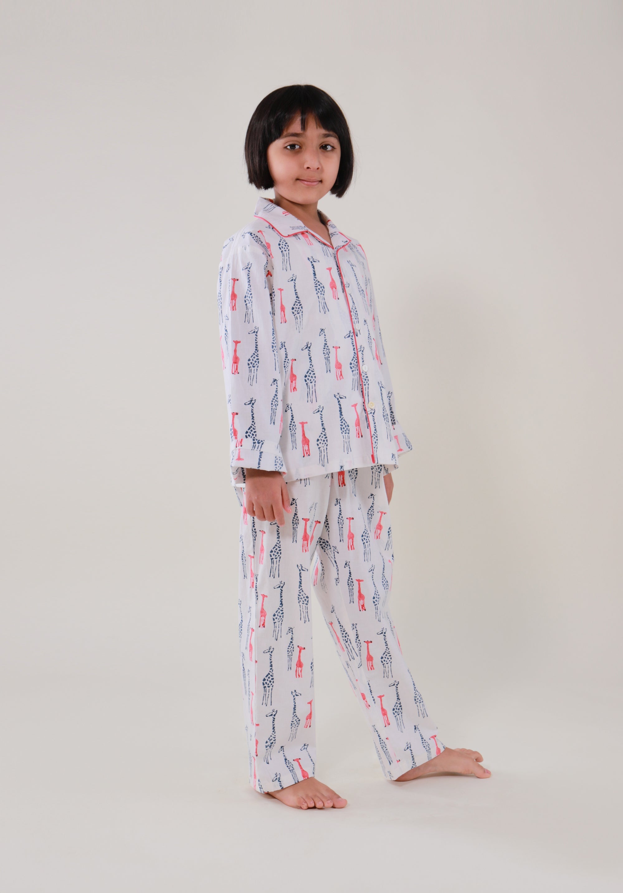 Block Printed Unisex Nightsuit set Giraffe Blue