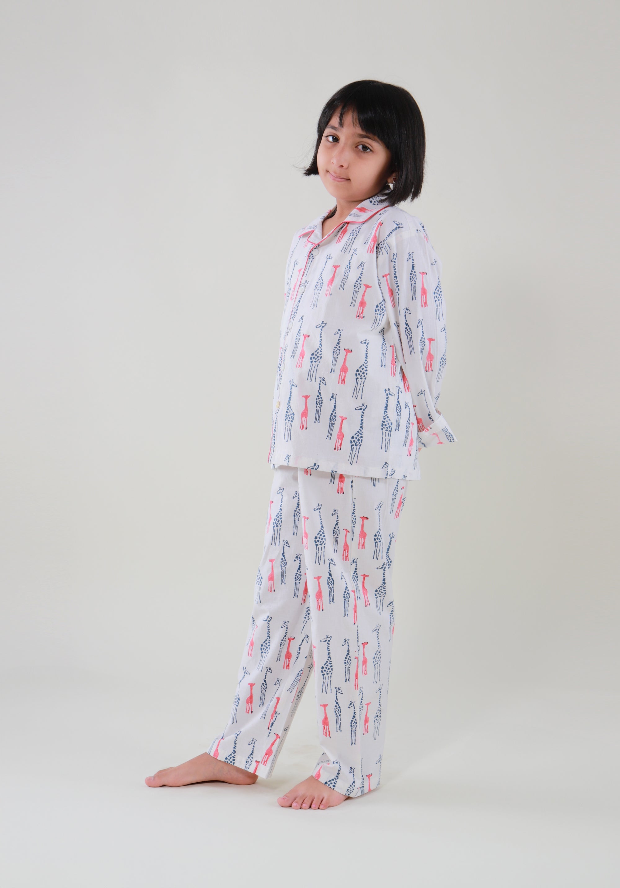 Block Printed Unisex Nightsuit set Giraffe Blue