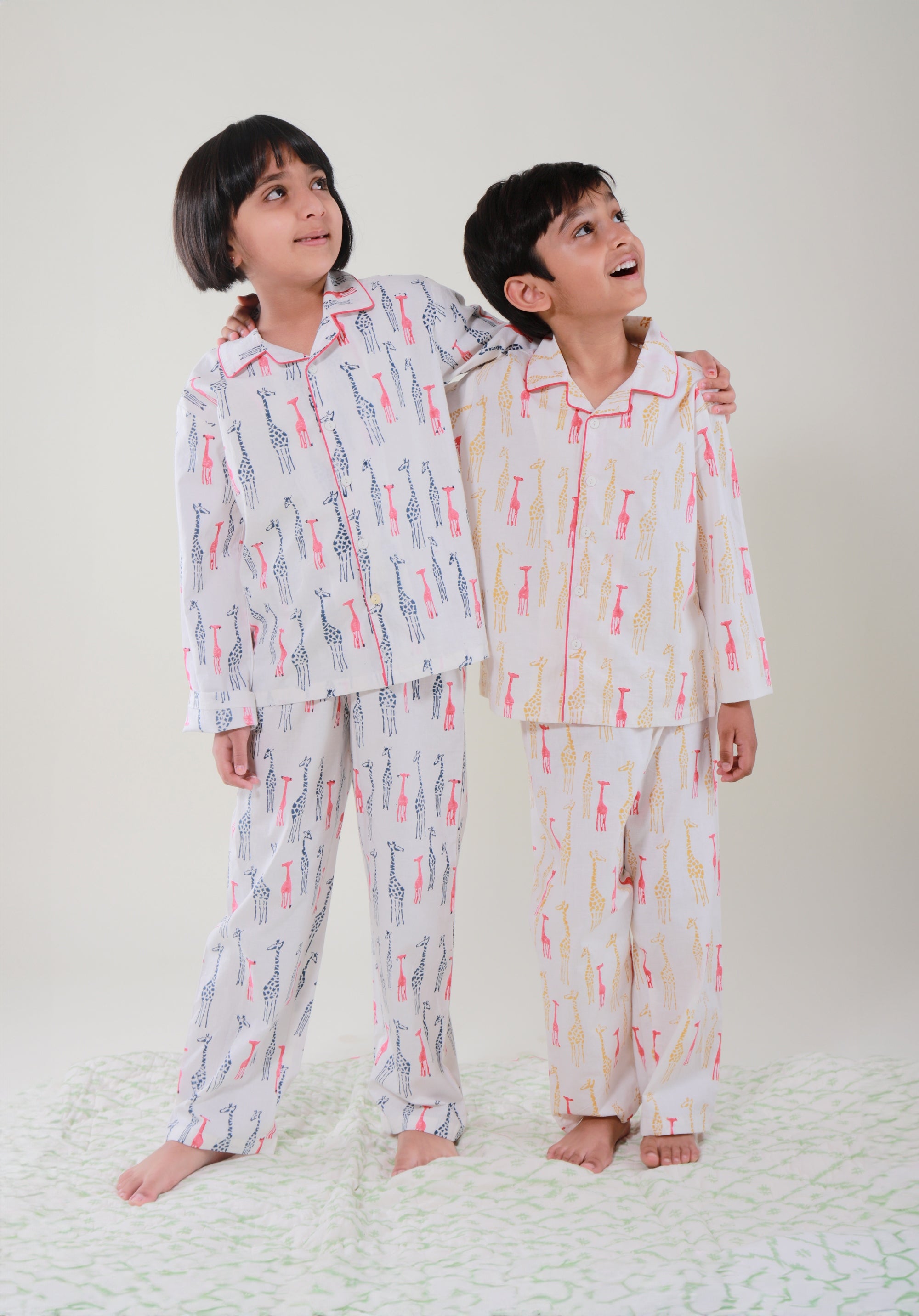 Block Printed Unisex Nightsuit set Giraffe Blue