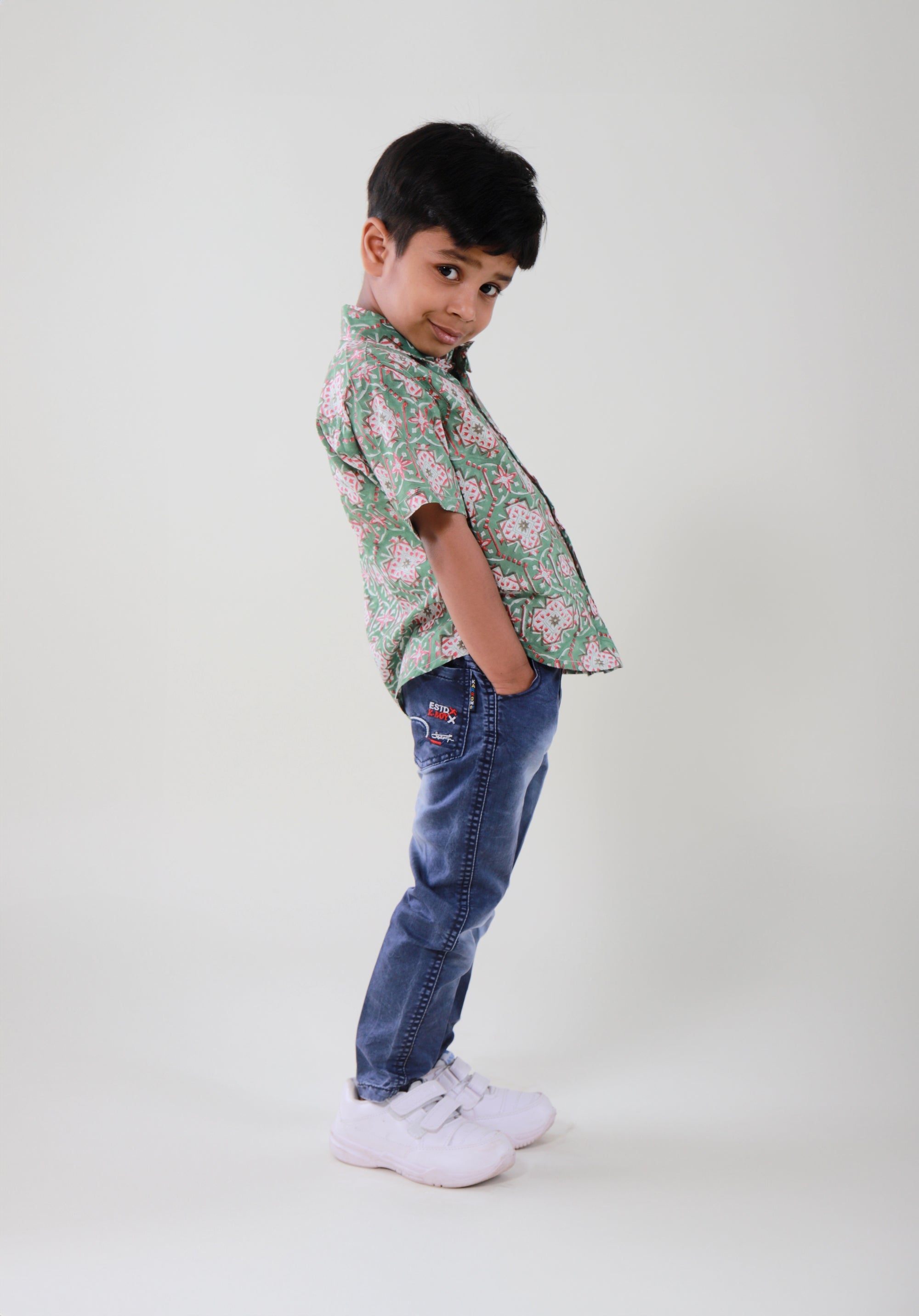 Block Printed Boy's Shirt Mandala Green