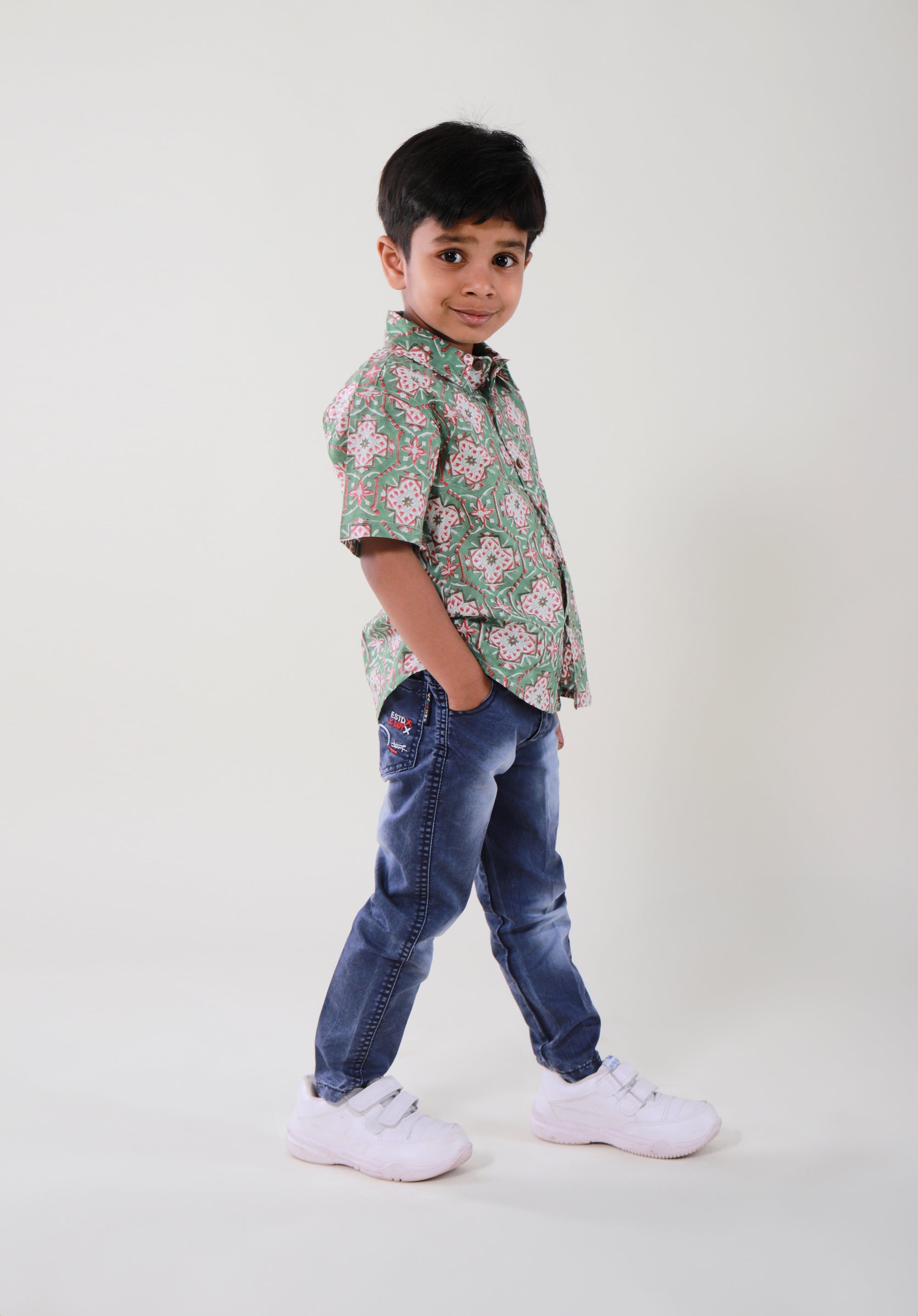 Block Printed Boy's Shirt Mandala Green