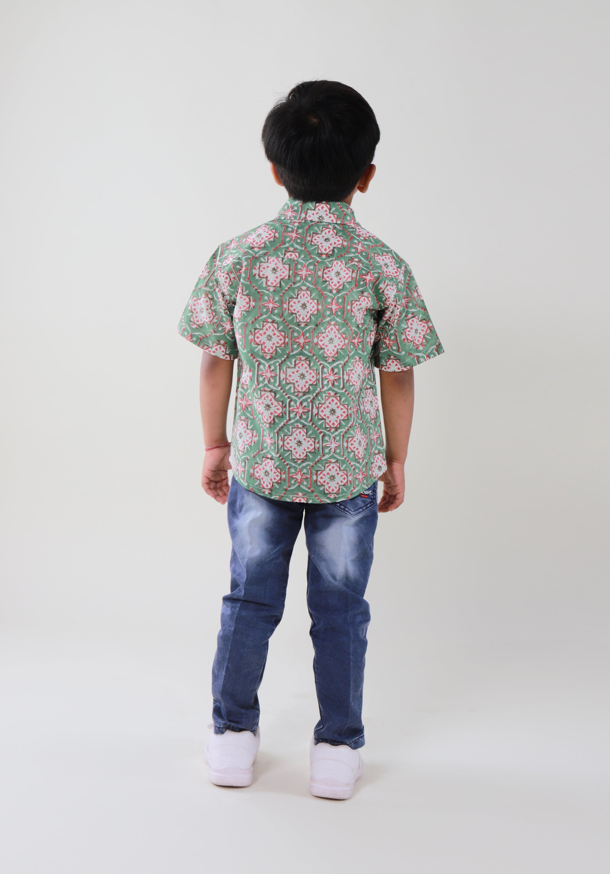 Block Printed Boy's Shirt Mandala Green