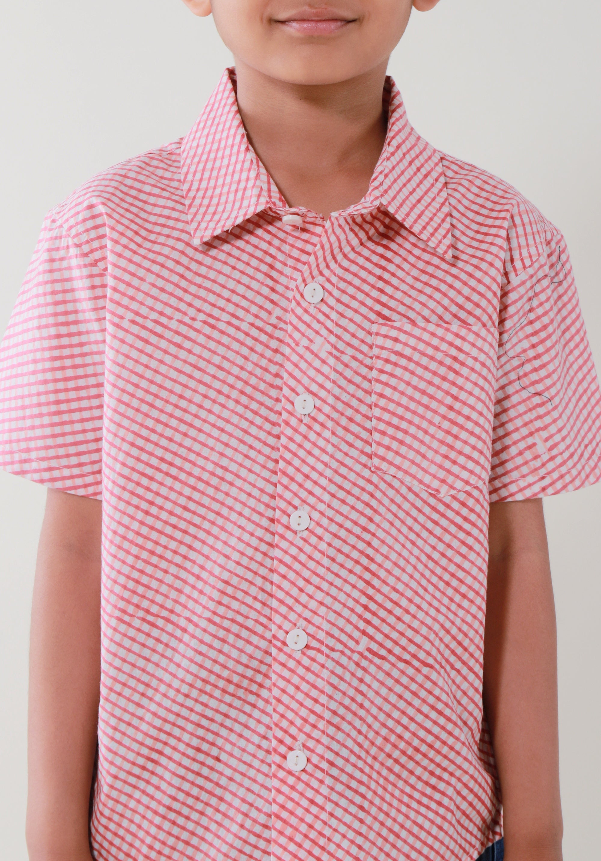 Block Printed Boy's Shirt Check Red