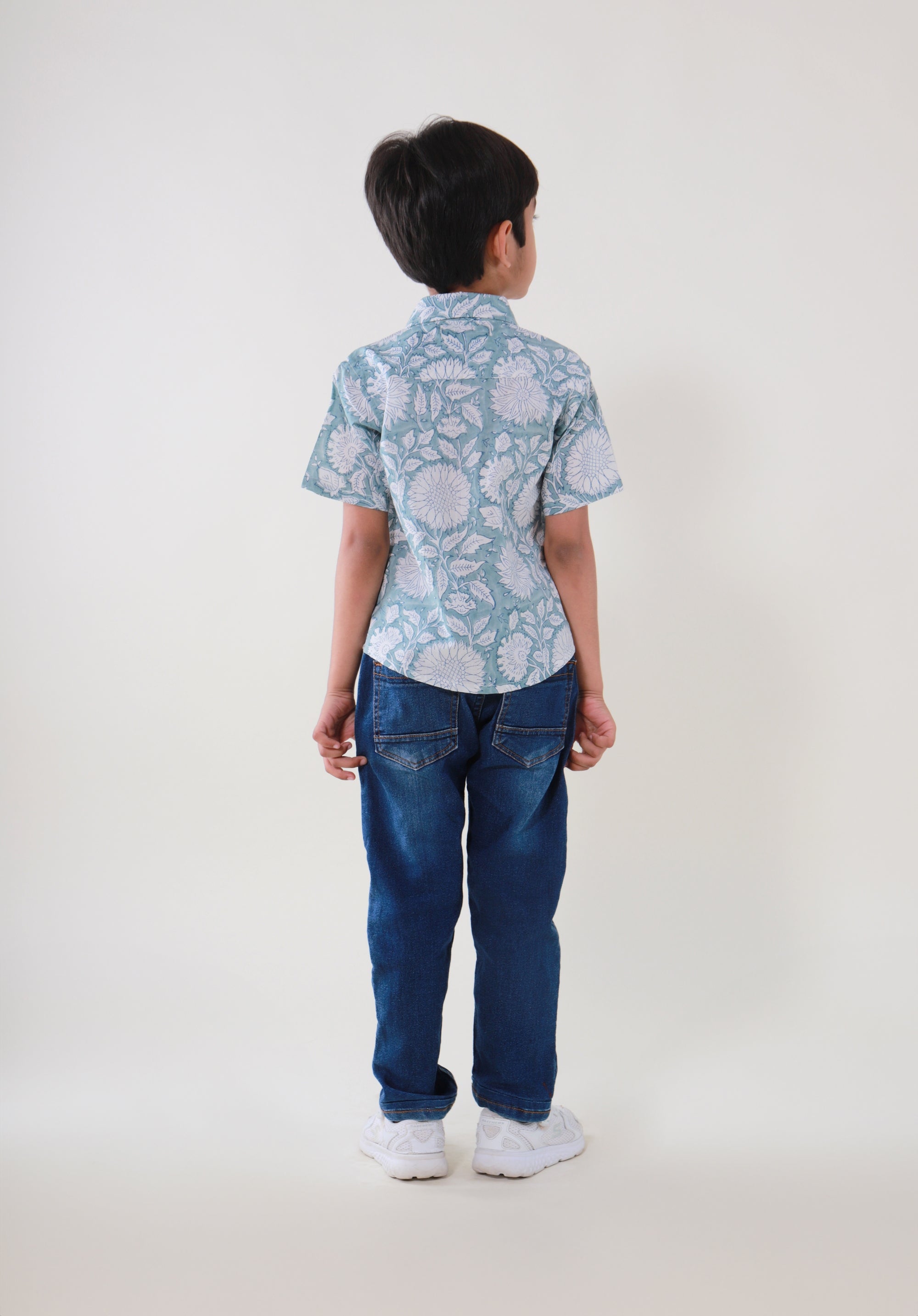 Block Printed Boy's Shirt Floral Blue