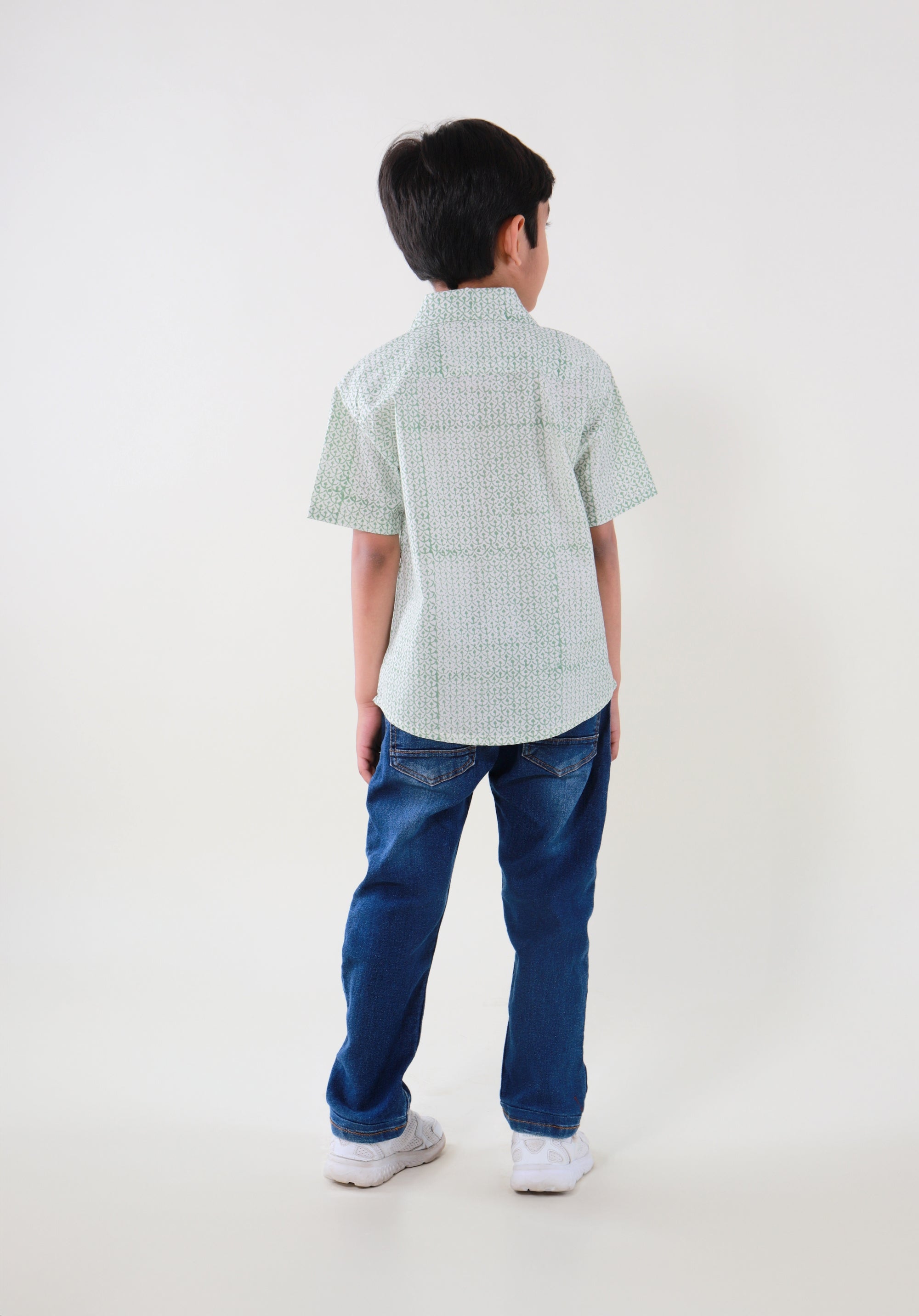 Block Printed Boy's Shirt Fish Scale Green