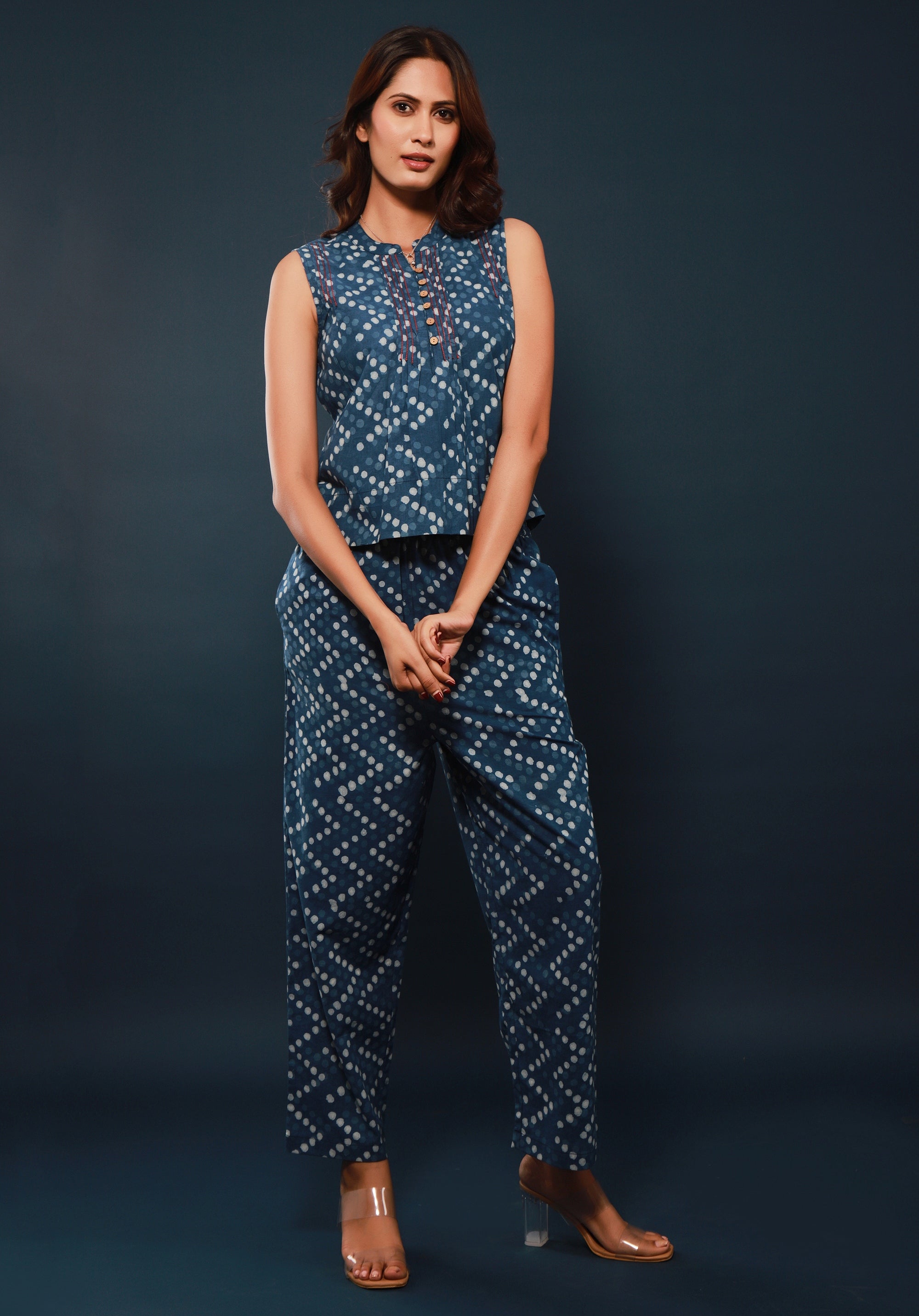 Women Block printed Top Polka Indigo