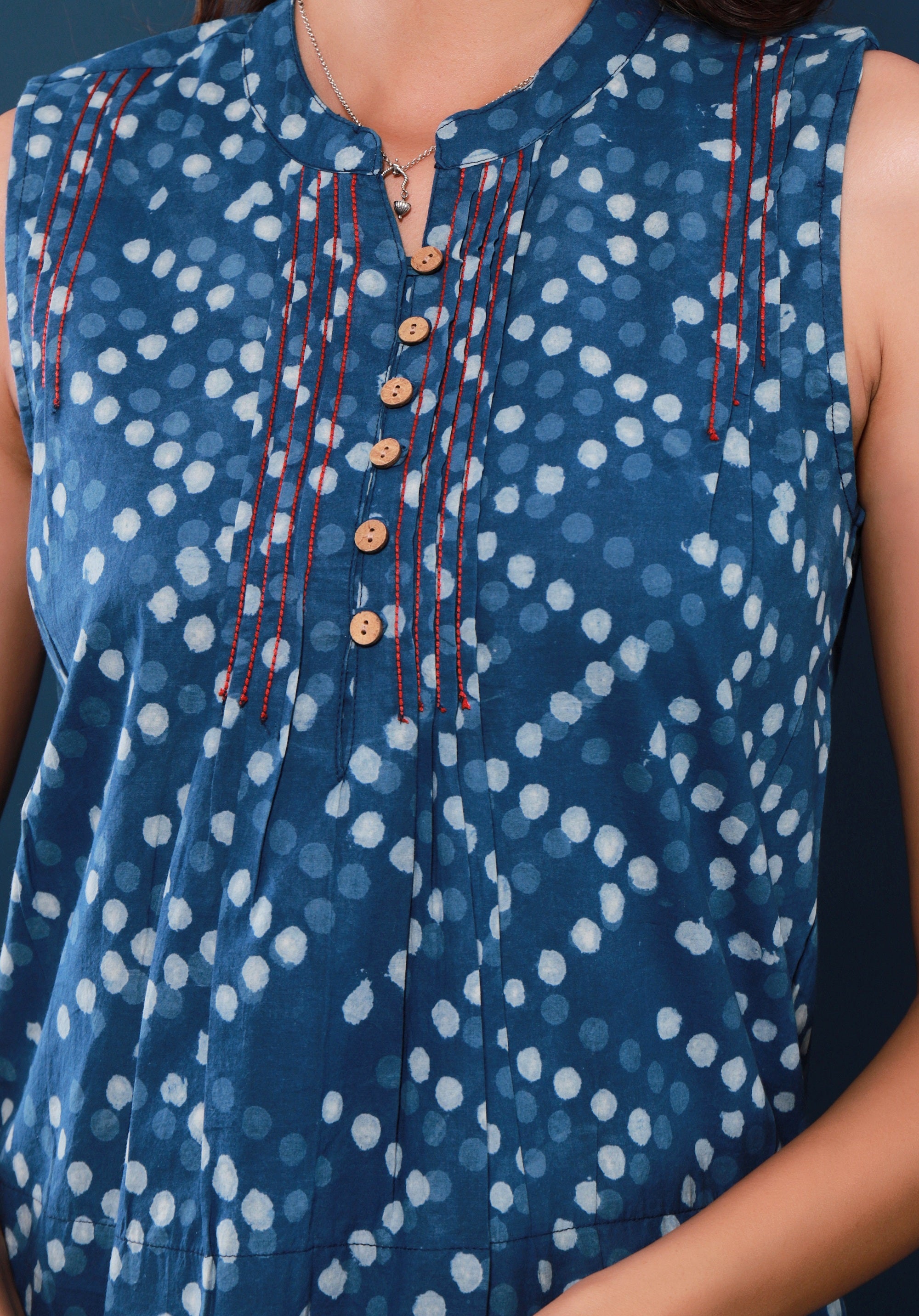 Women Block printed Top Polka Indigo