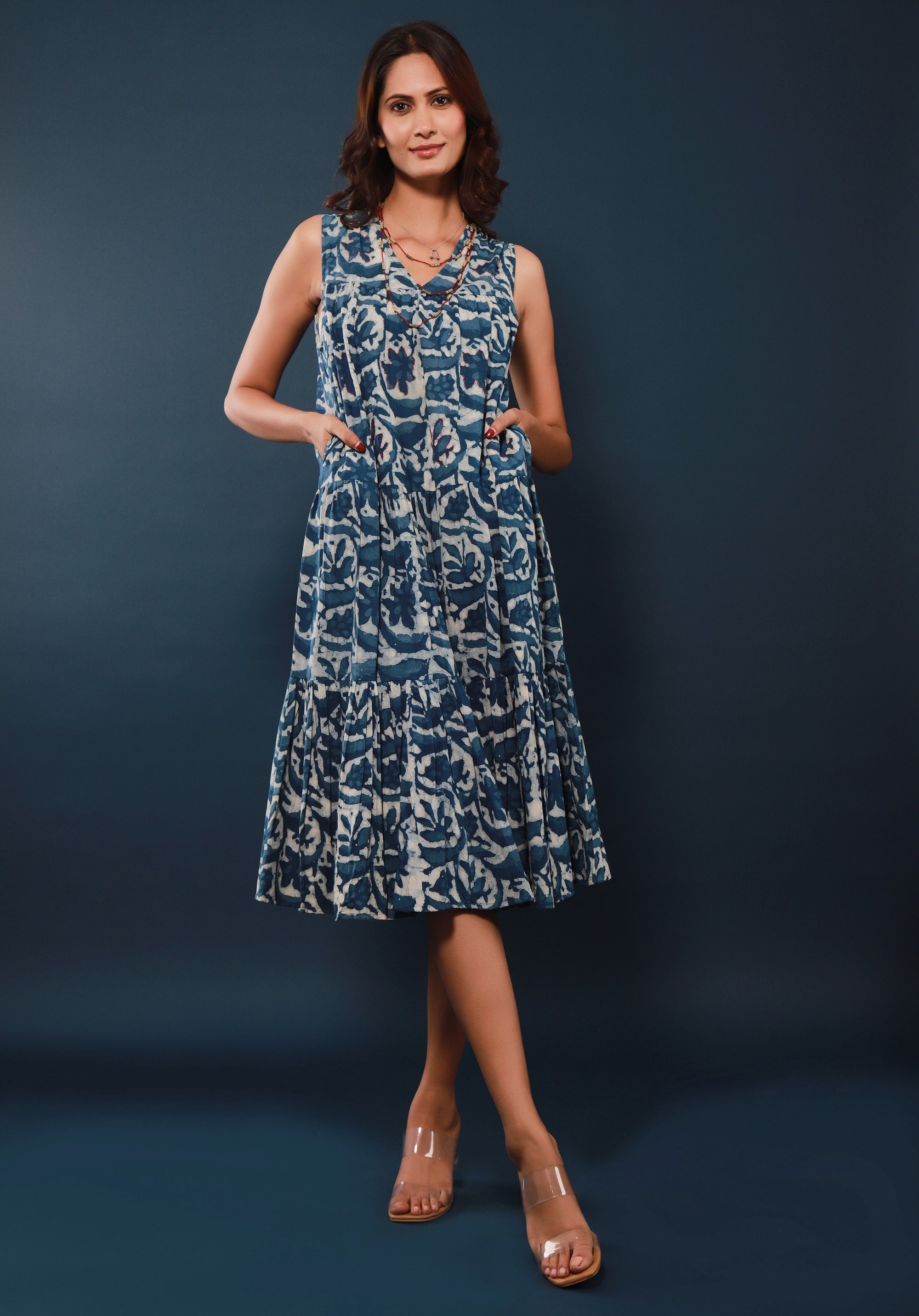 Women Tiered dress Nirmala Floral Indigo