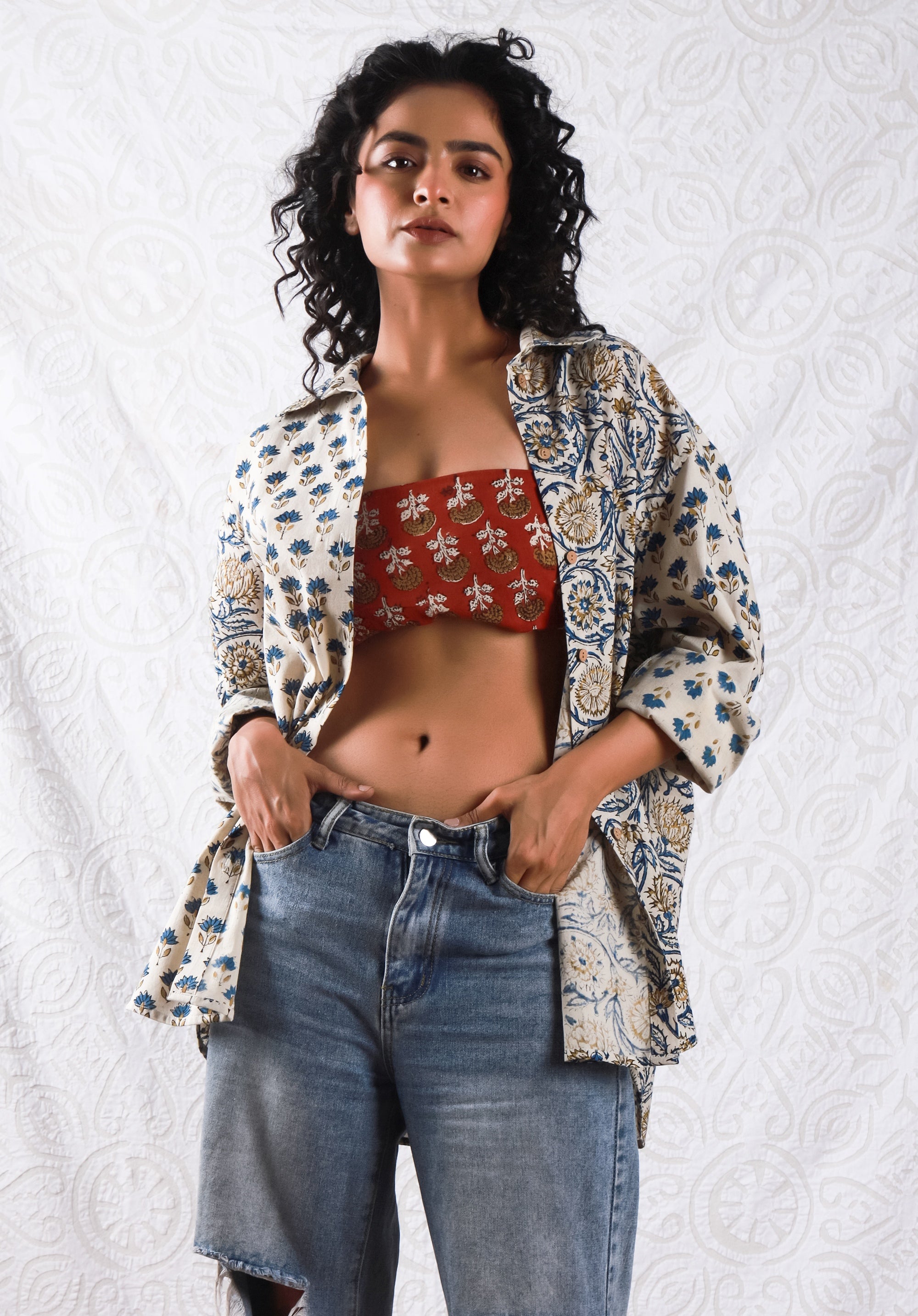 Women Block printed Piyu Oversized shirt marigold