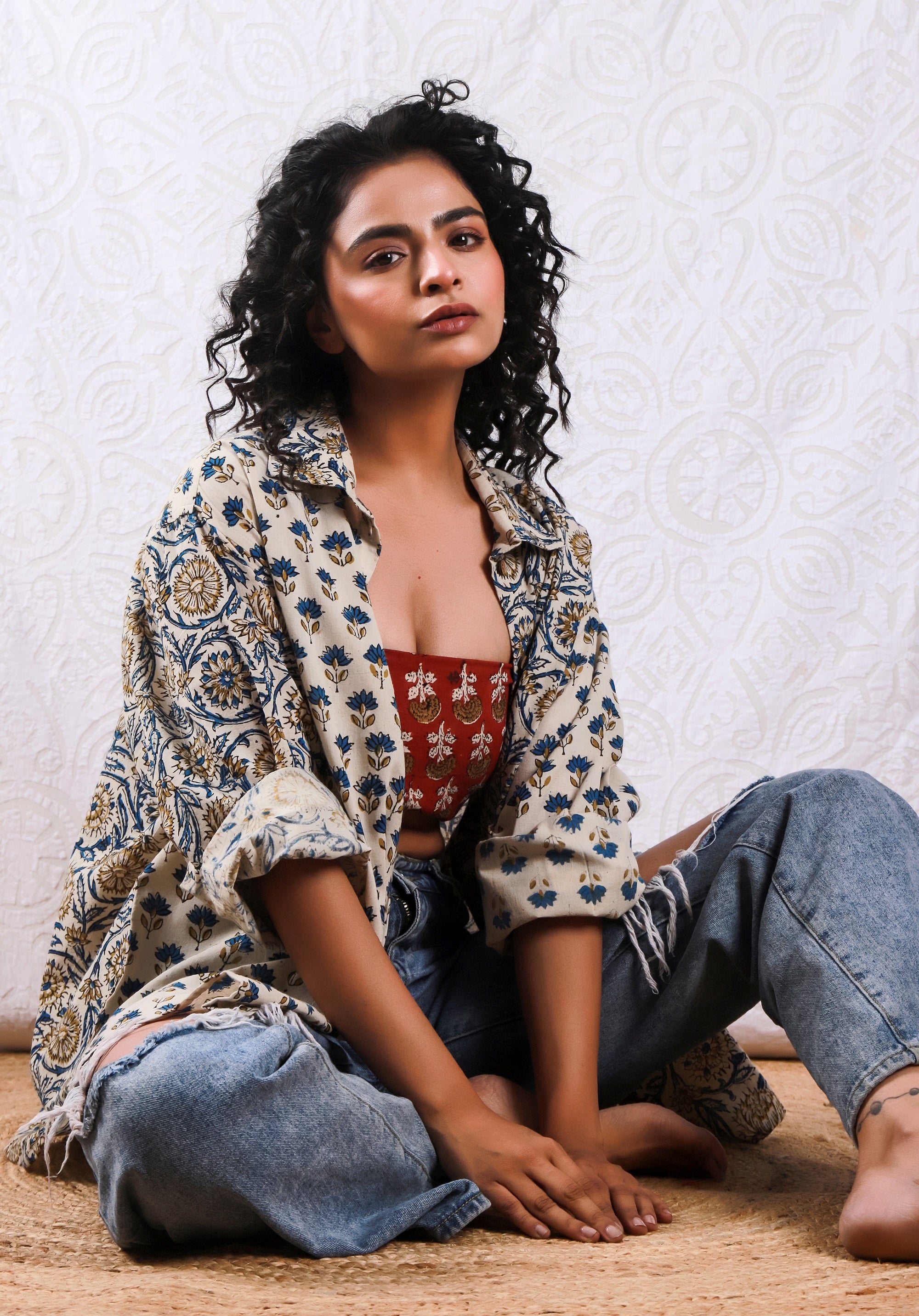 Women Block printed Piyu Oversized shirt marigold