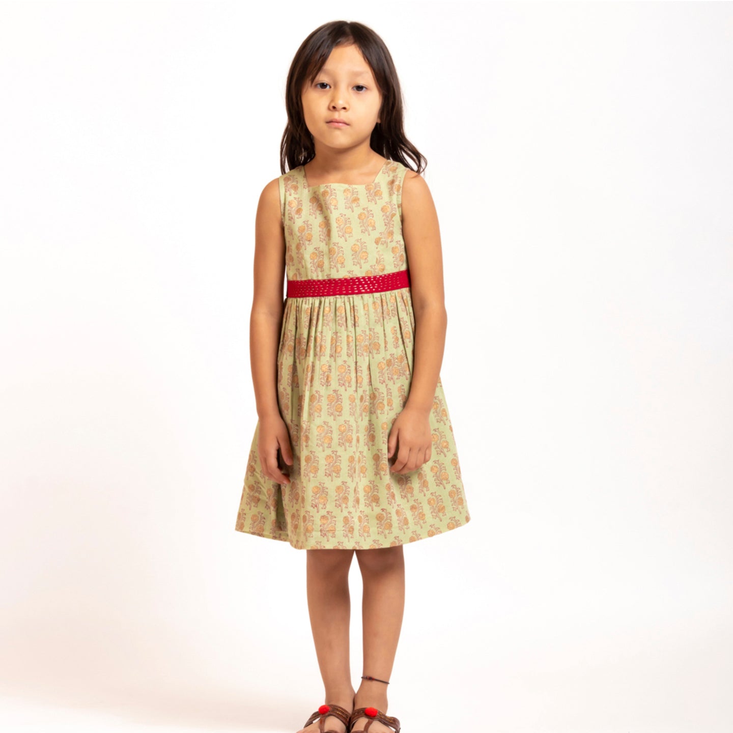 Girl's Block printed Fit and Flare Dress Olive Green