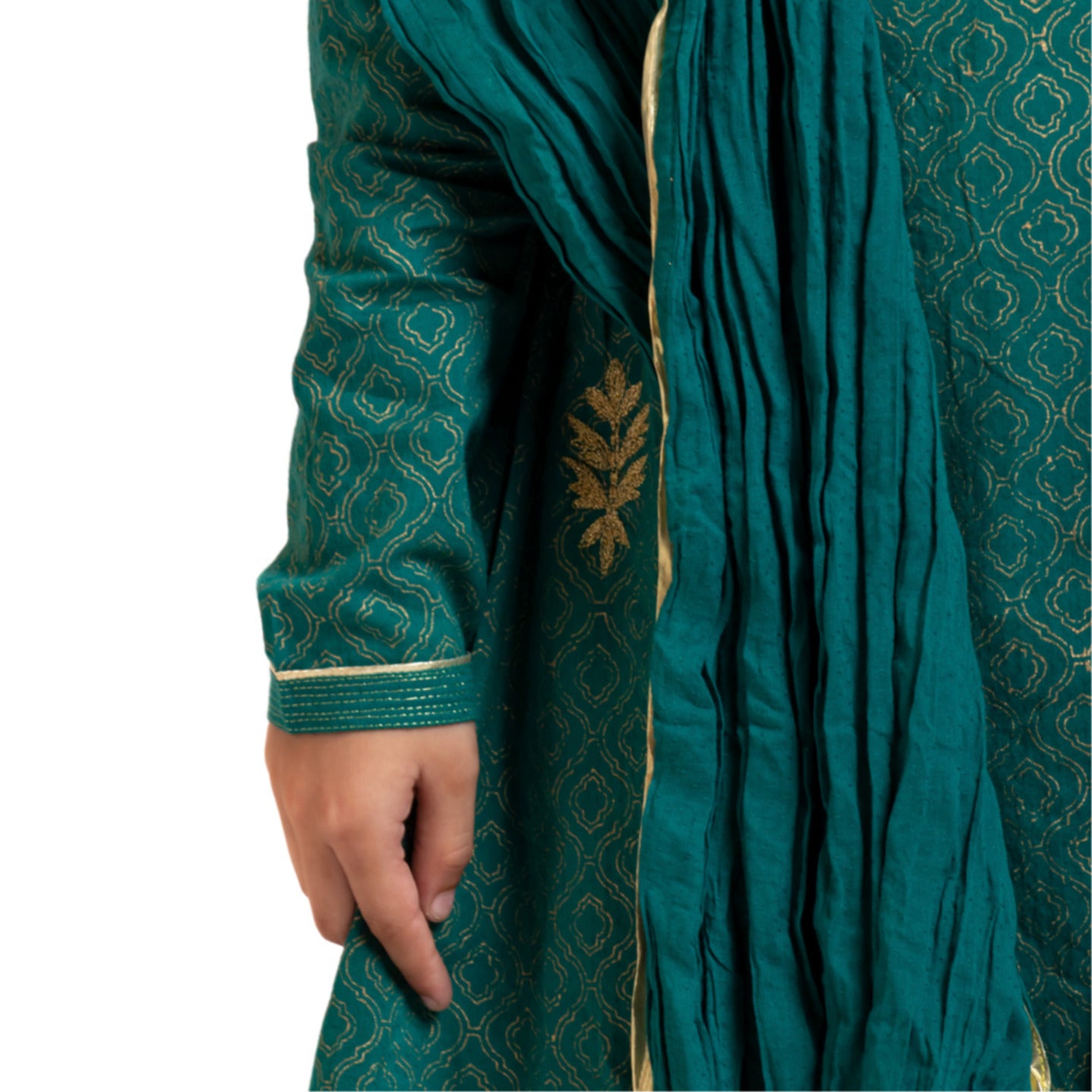 Girl's Block printed Embroidered Kurta Set Green