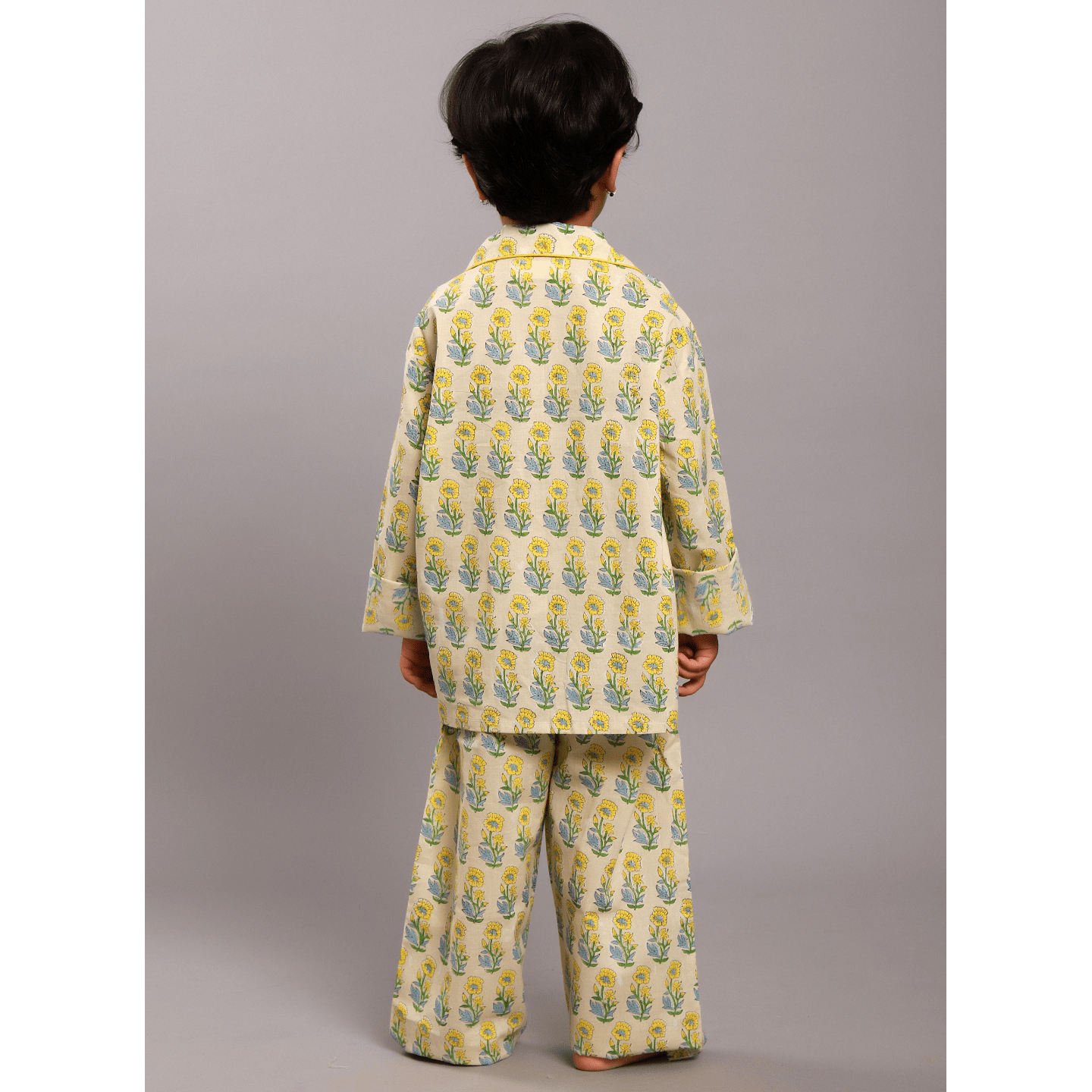 Block Printed Girl's Nightsuit set Ethnic Beige- Yellow Buti