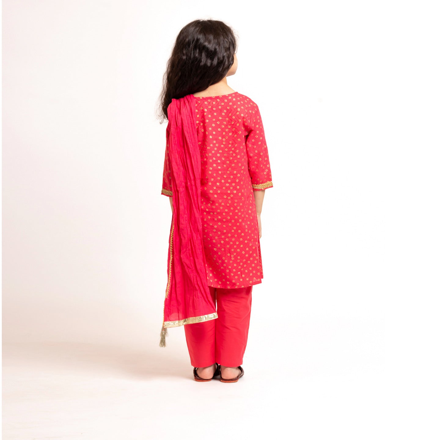 Girls Block Printed Kurta Set Bandhej Coral