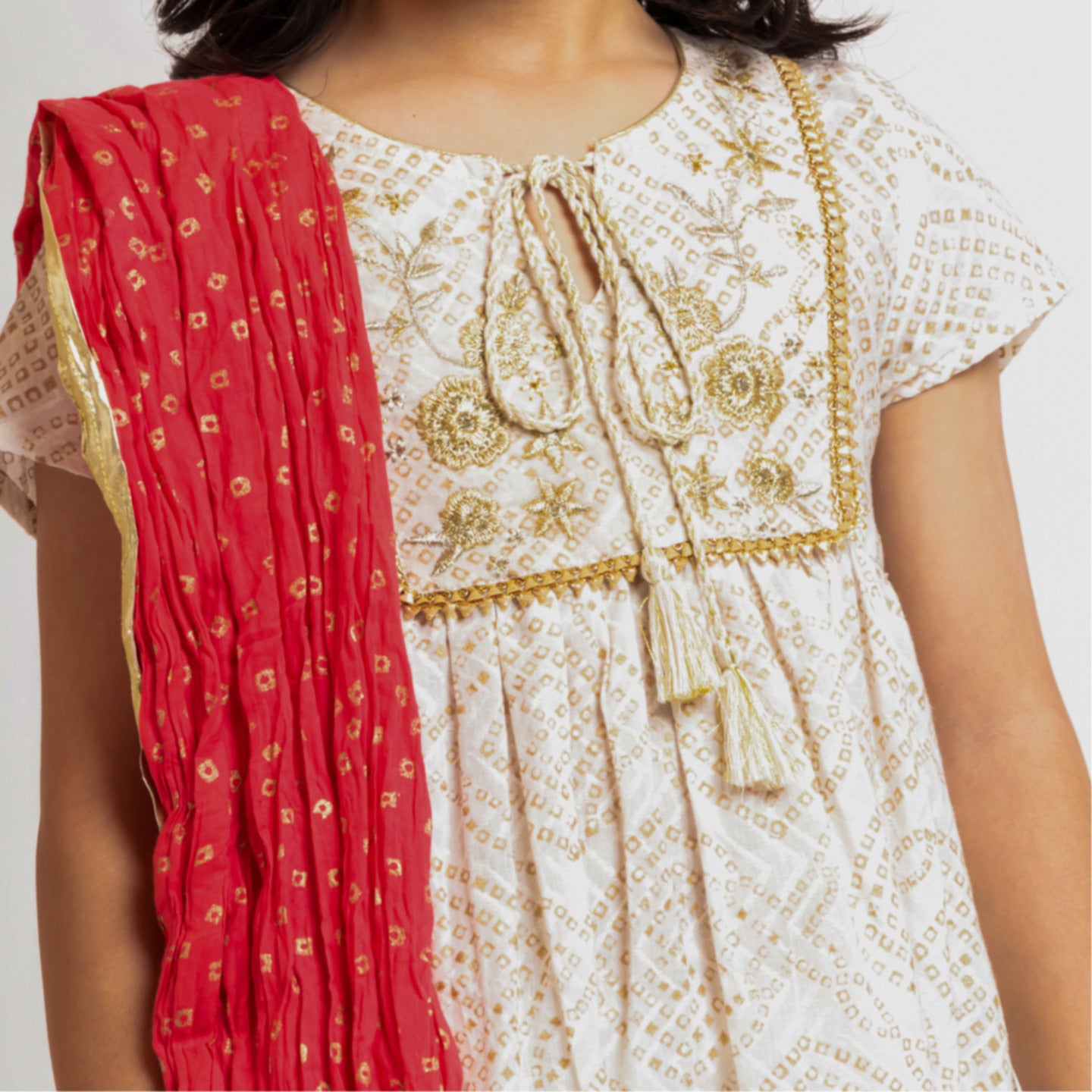 Girl's Block printed Embroidered Kurta Set White