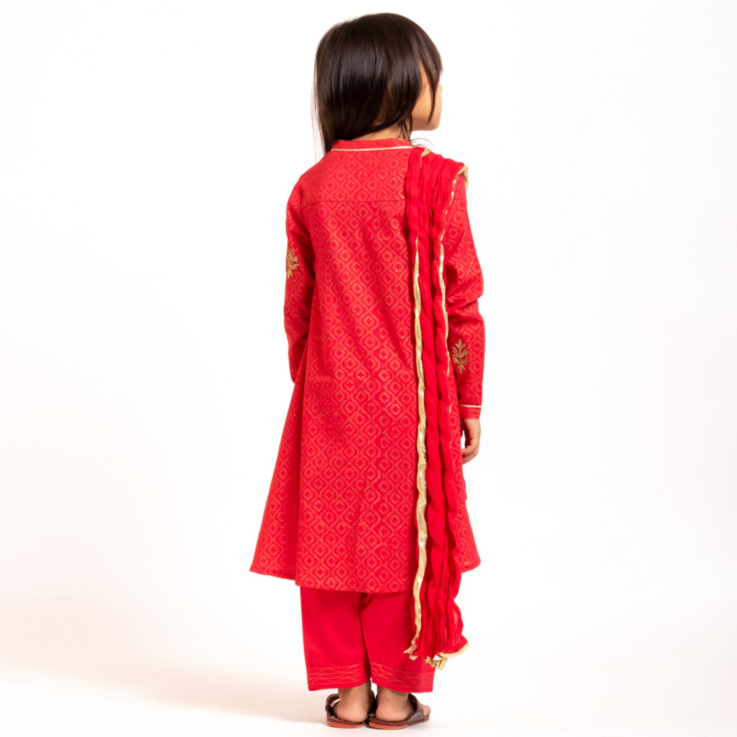 Girl's Block printed Embroidered Kurta Set Red